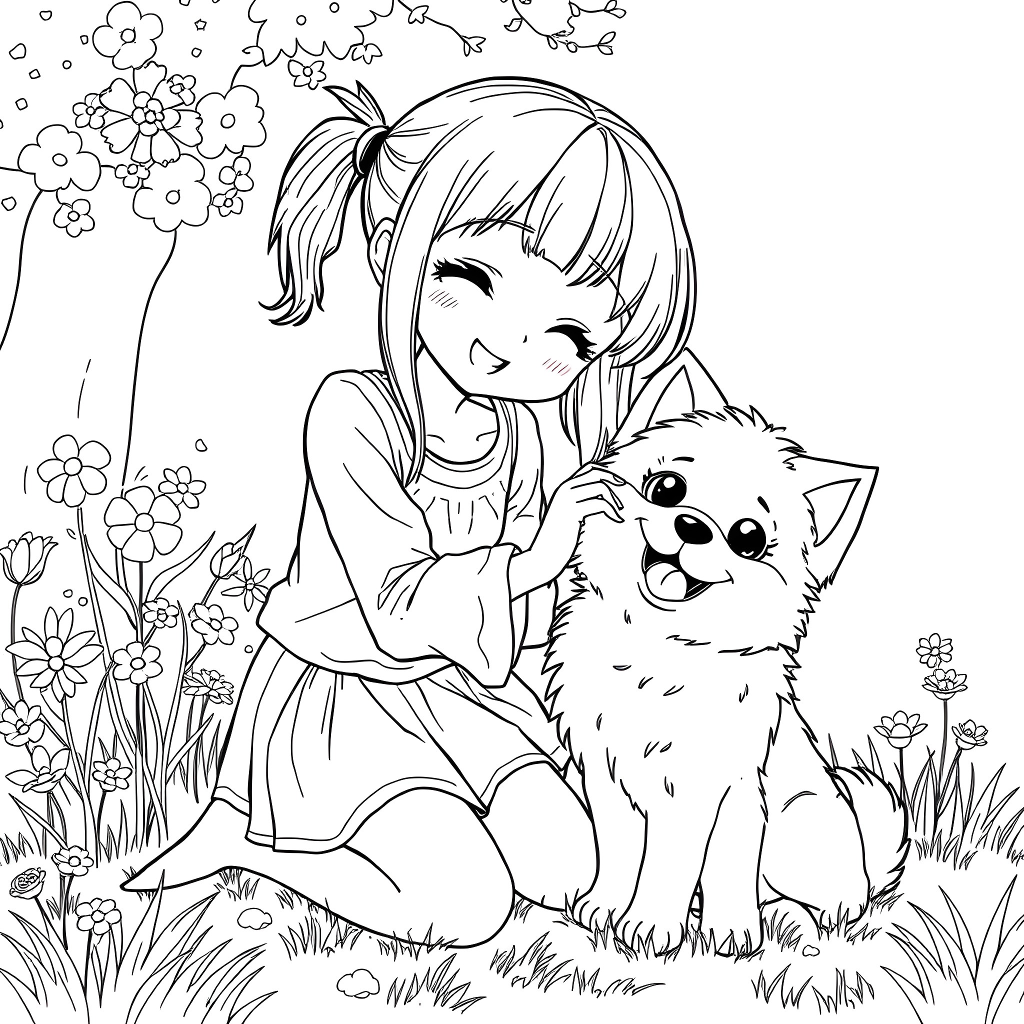 Anime Girl Petting Fluffy White Dog in Flower Field Coloring Page (free black-and-white line drawing printable PDF for all, from beginners to advanced learners, including children, teens, adults, and seniors)