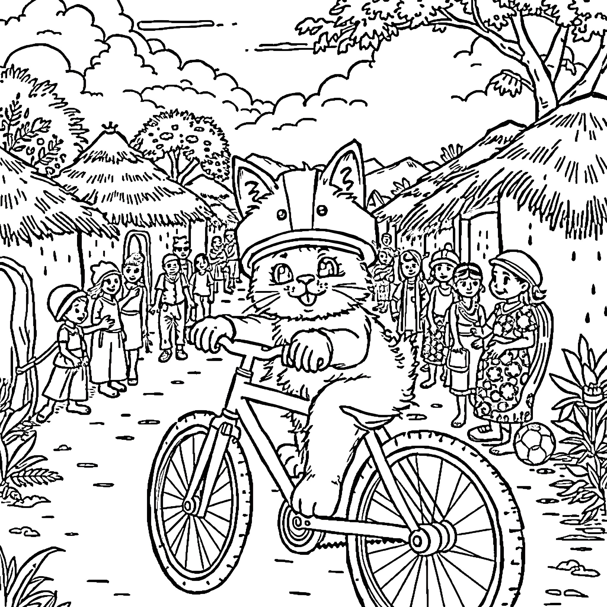 Cat Riding Bicycle in Festive Parade Coloring Page (free black-and-white line drawing printable PDF for all, from beginners to advanced learners, including children, teens, adults, and seniors)