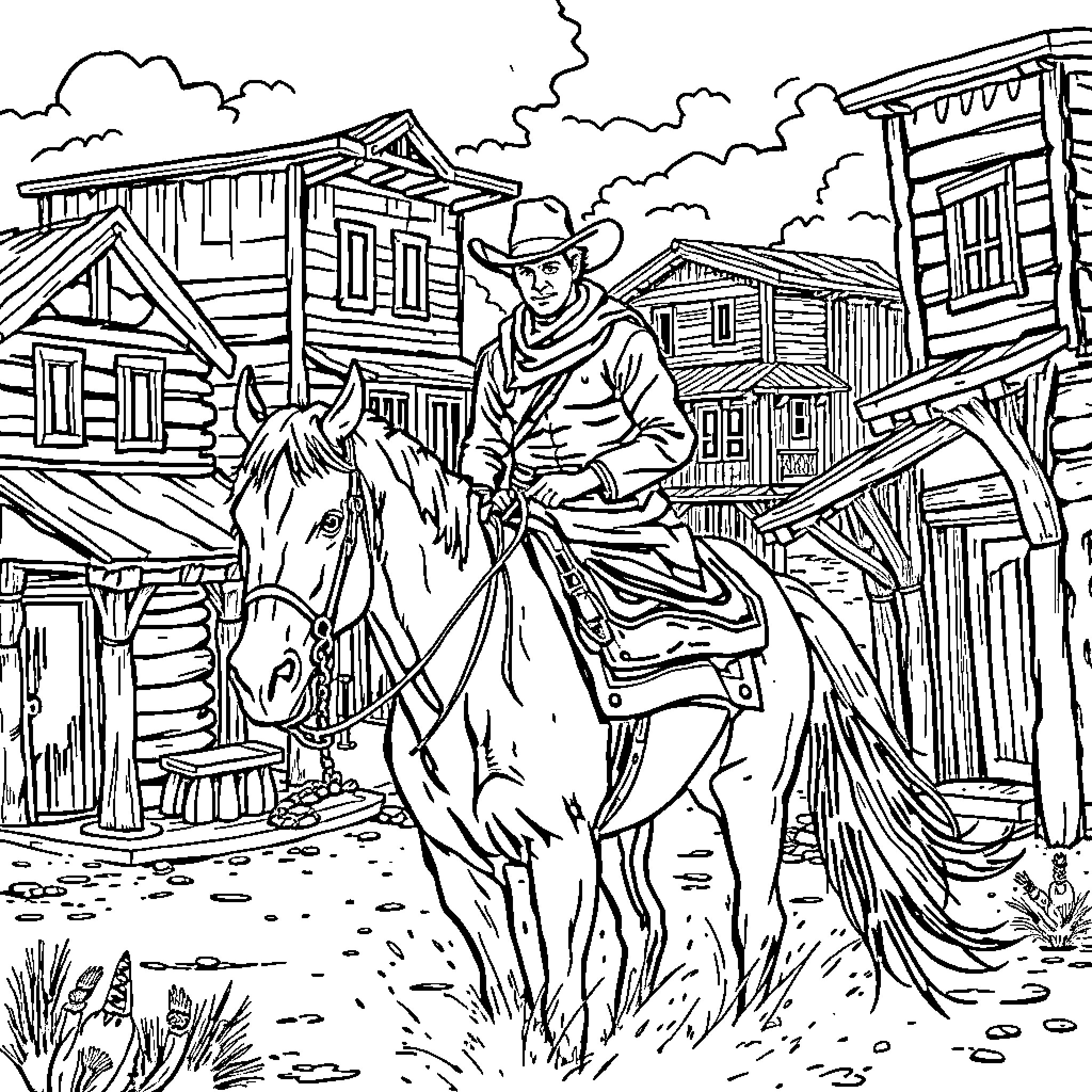 Cowboy riding through the Old West town Coloring Page (free black-and-white line drawing printable PDF for all, from beginners to advanced learners, including children, teens, adults, and seniors)