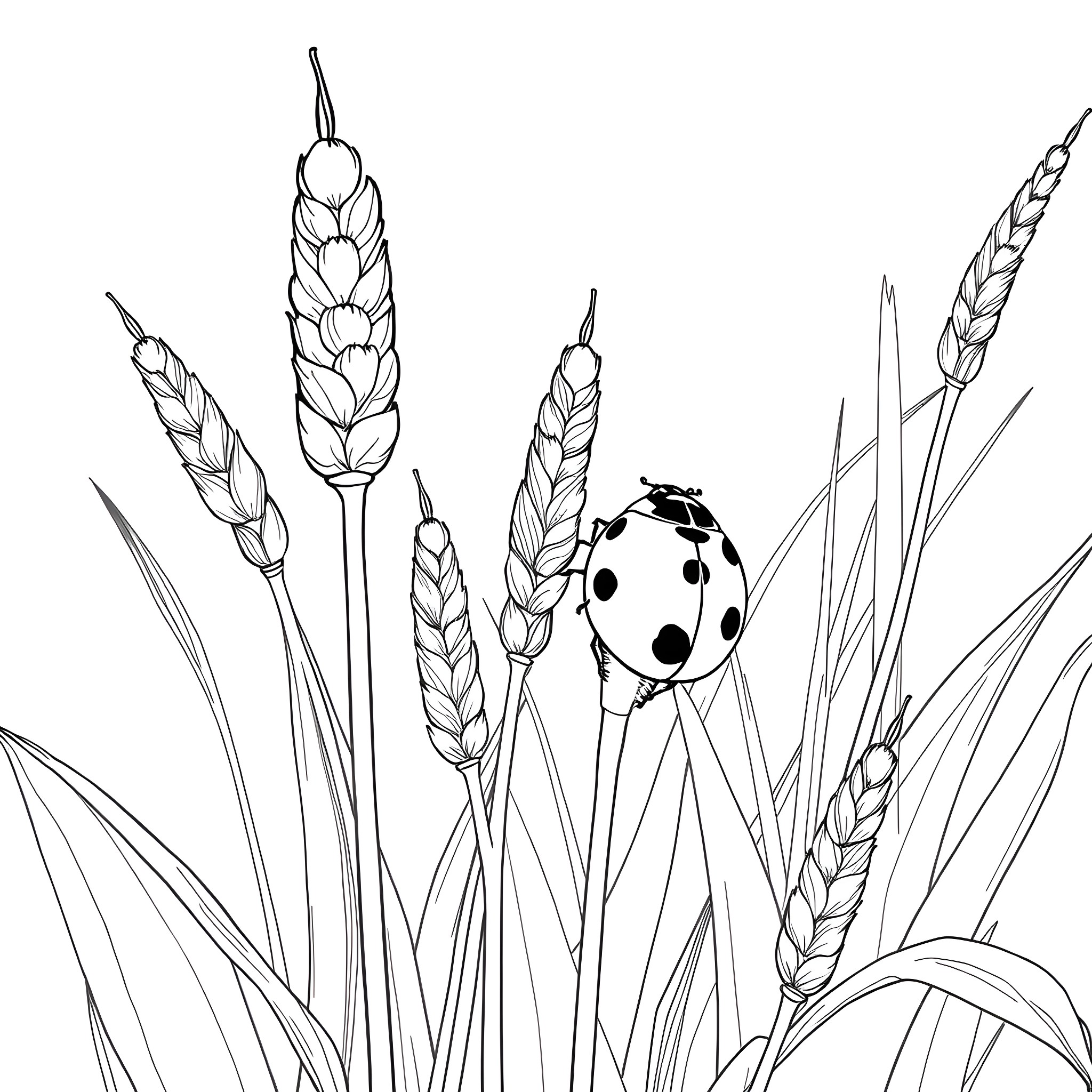 Ladybug among wheat stalks and leaves Coloring Page (free black-and-white line drawing printable PDF for all, from beginners to advanced learners, including children, teens, adults, and seniors)