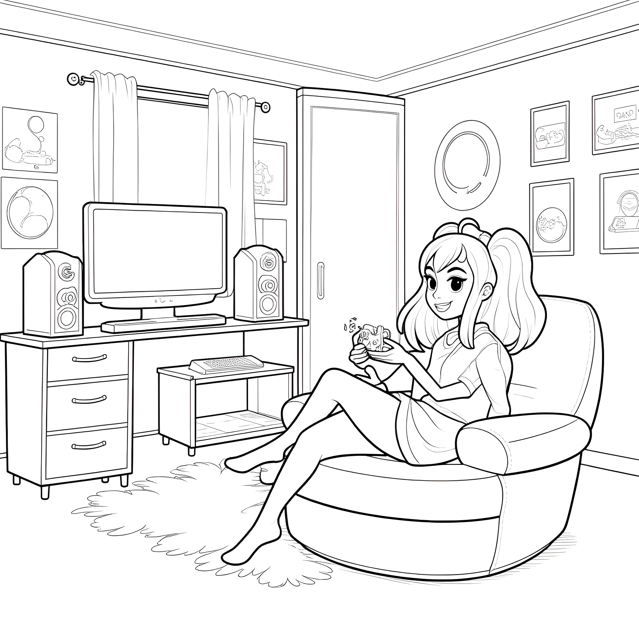 Bobbie Good playing video games in the living room Coloring Page (free black-and-white line drawing printable PDF for all, from beginners to advanced learners, including children, teens, adults, and seniors)