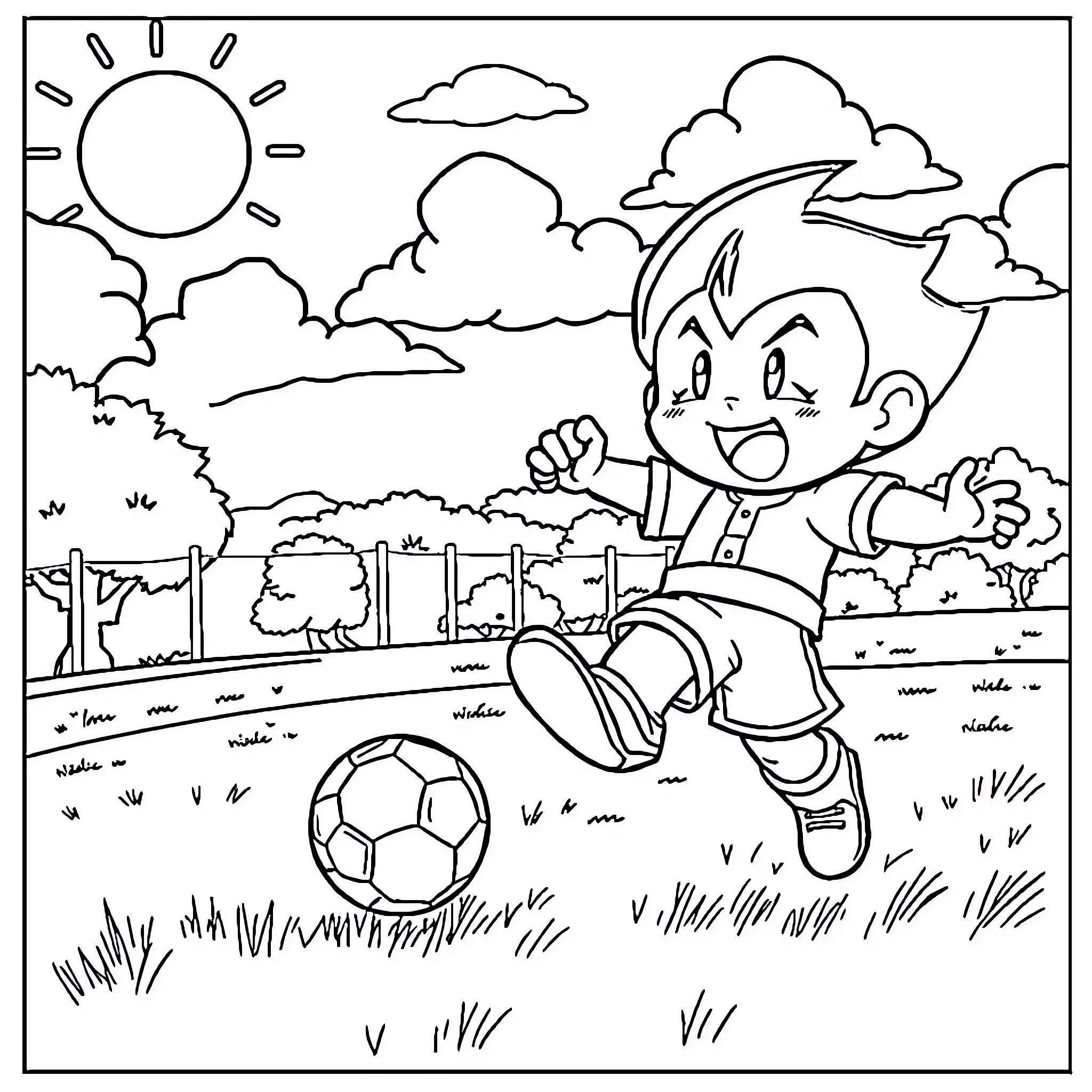 Sangoku playing happily with soccer ball in the park Coloring Page (free black-and-white line drawing printable PDF for all, from beginners to advanced learners, including children, teens, adults, and seniors)