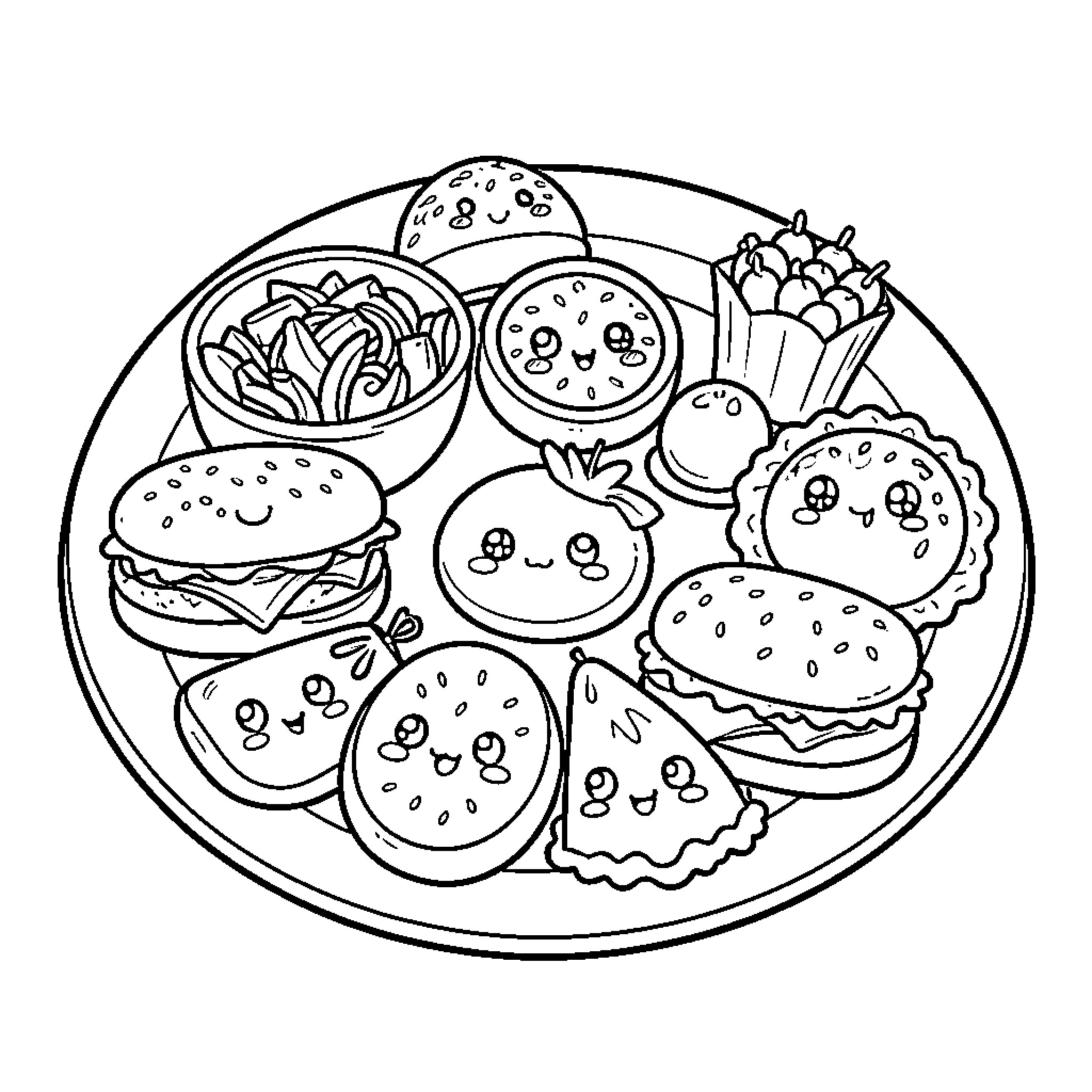 Kawaii Food Platter with Delightful Eats Coloring Page (free black-and-white line drawing printable PDF for all, from beginners to advanced learners, including children, teens, adults, and seniors)