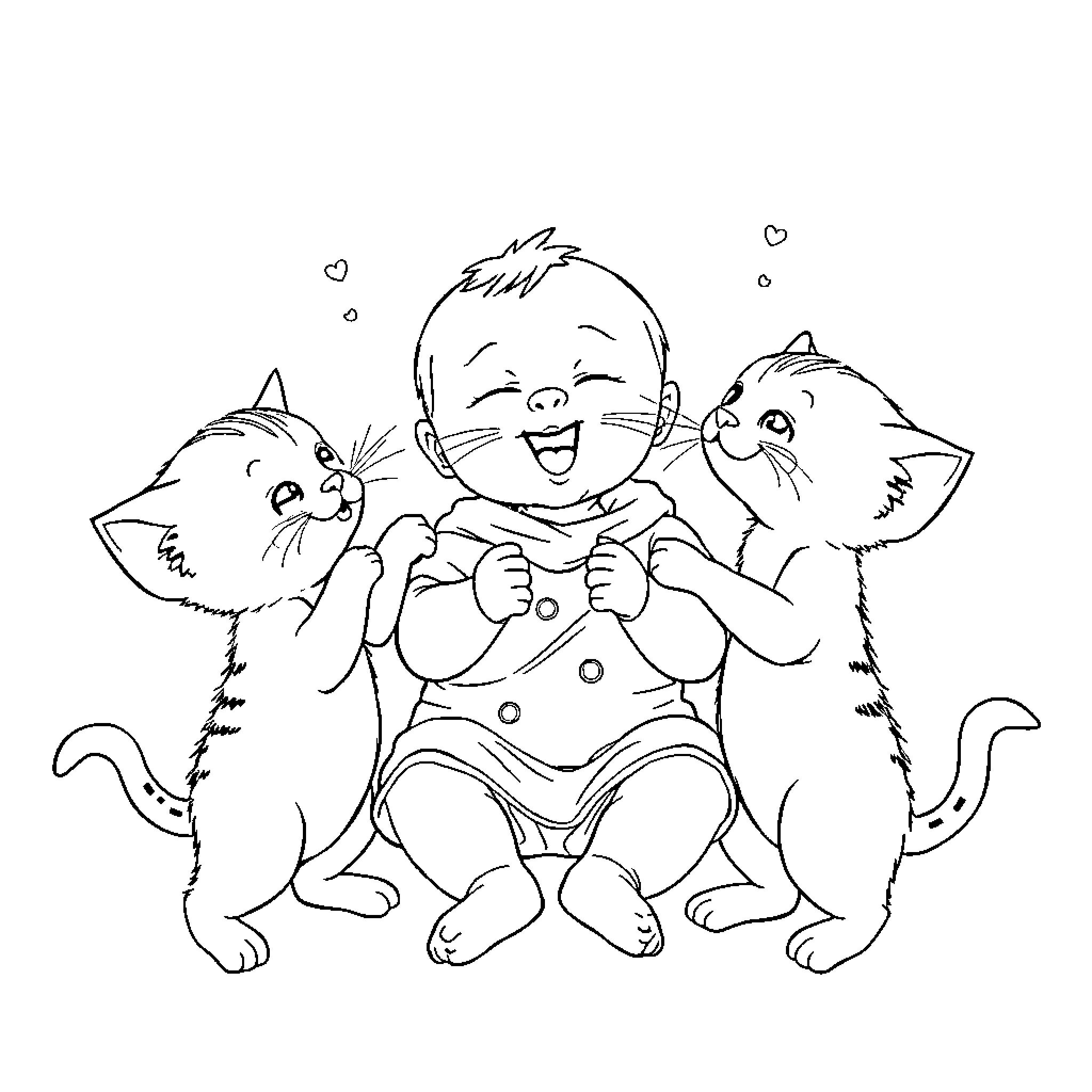 Kitten playing happily with two cats Coloring Page (free black-and-white line drawing printable PDF for all, from beginners to advanced learners, including children, teens, adults, and seniors)