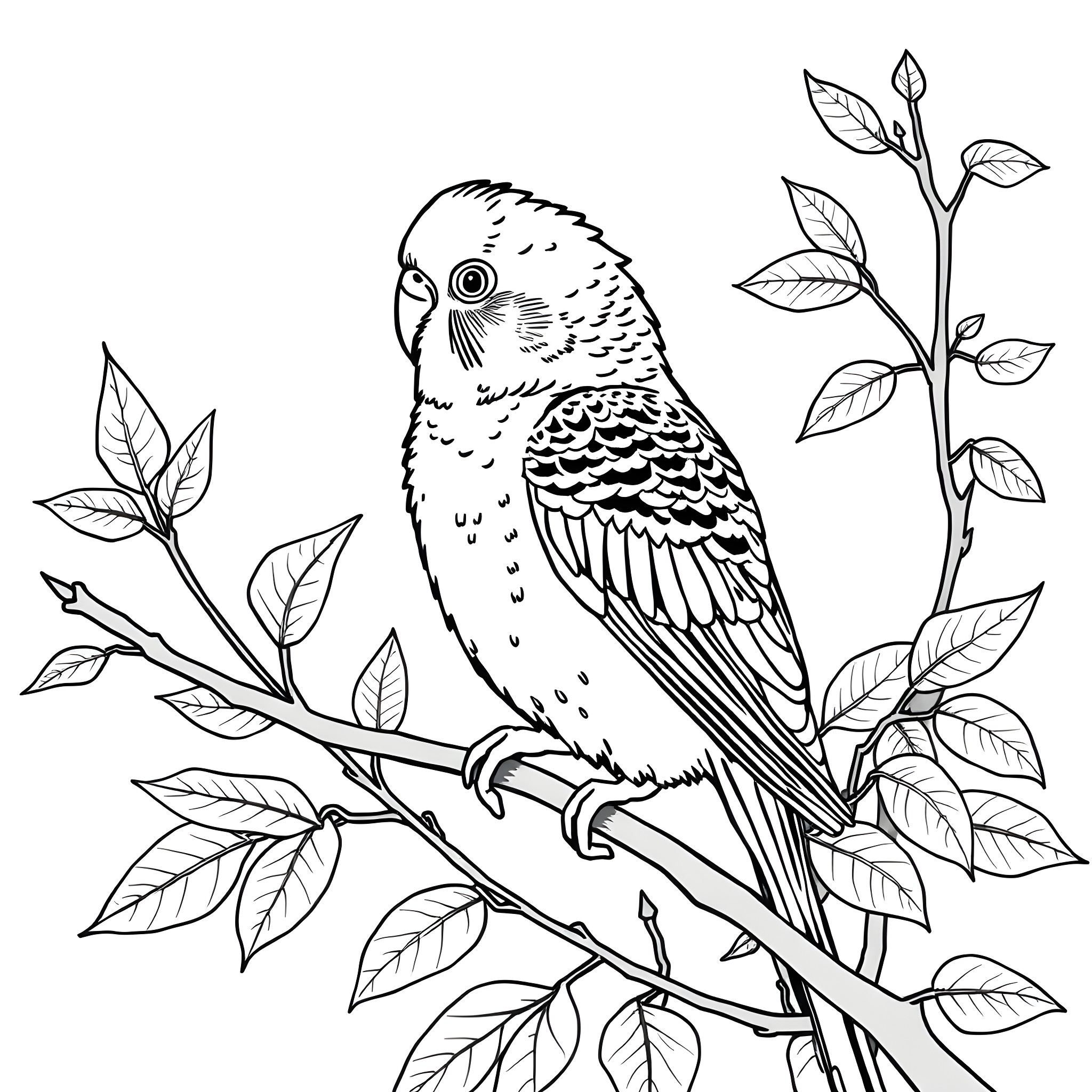 Budgerigar perched among leafy branches Coloring Page (free black-and-white line drawing printable PDF for all, from beginners to advanced learners, including children, teens, adults, and seniors)