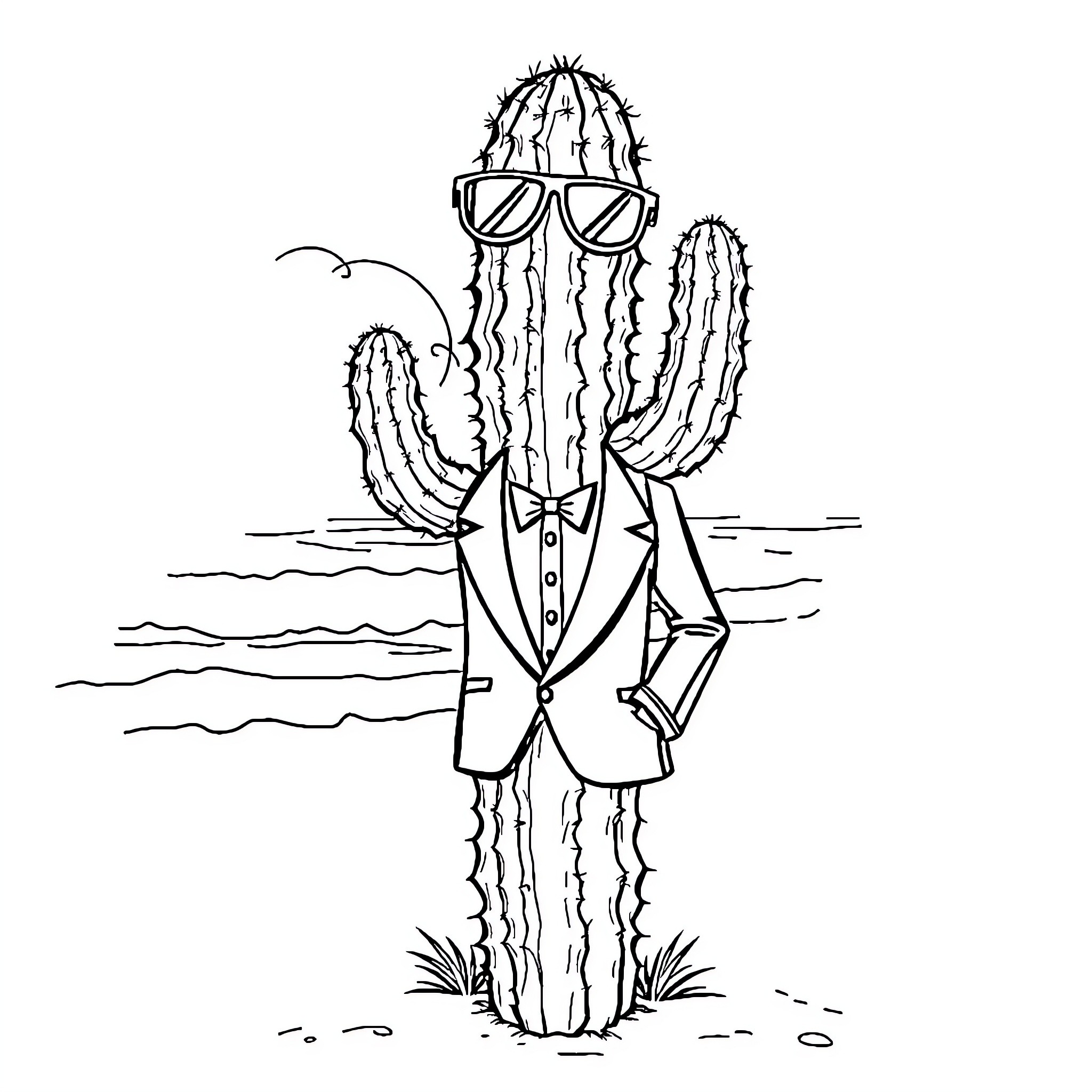 Cactus wearing sunglasses and a formal outfit Coloring Page (free black-and-white line drawing printable PDF for all, from beginners to advanced learners, including children, teens, adults, and seniors)