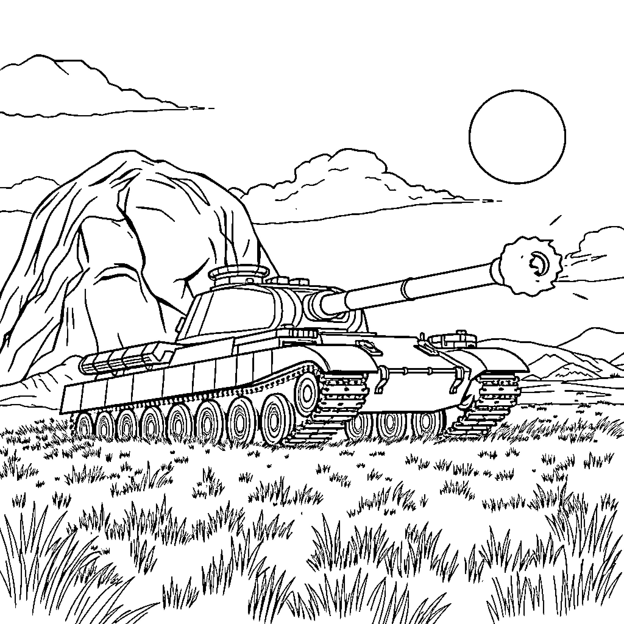 Tank rolling through rugged terrain under the sun Coloring Page (free black-and-white line drawing printable PDF for all, from beginners to advanced learners, including children, teens, adults, and seniors)