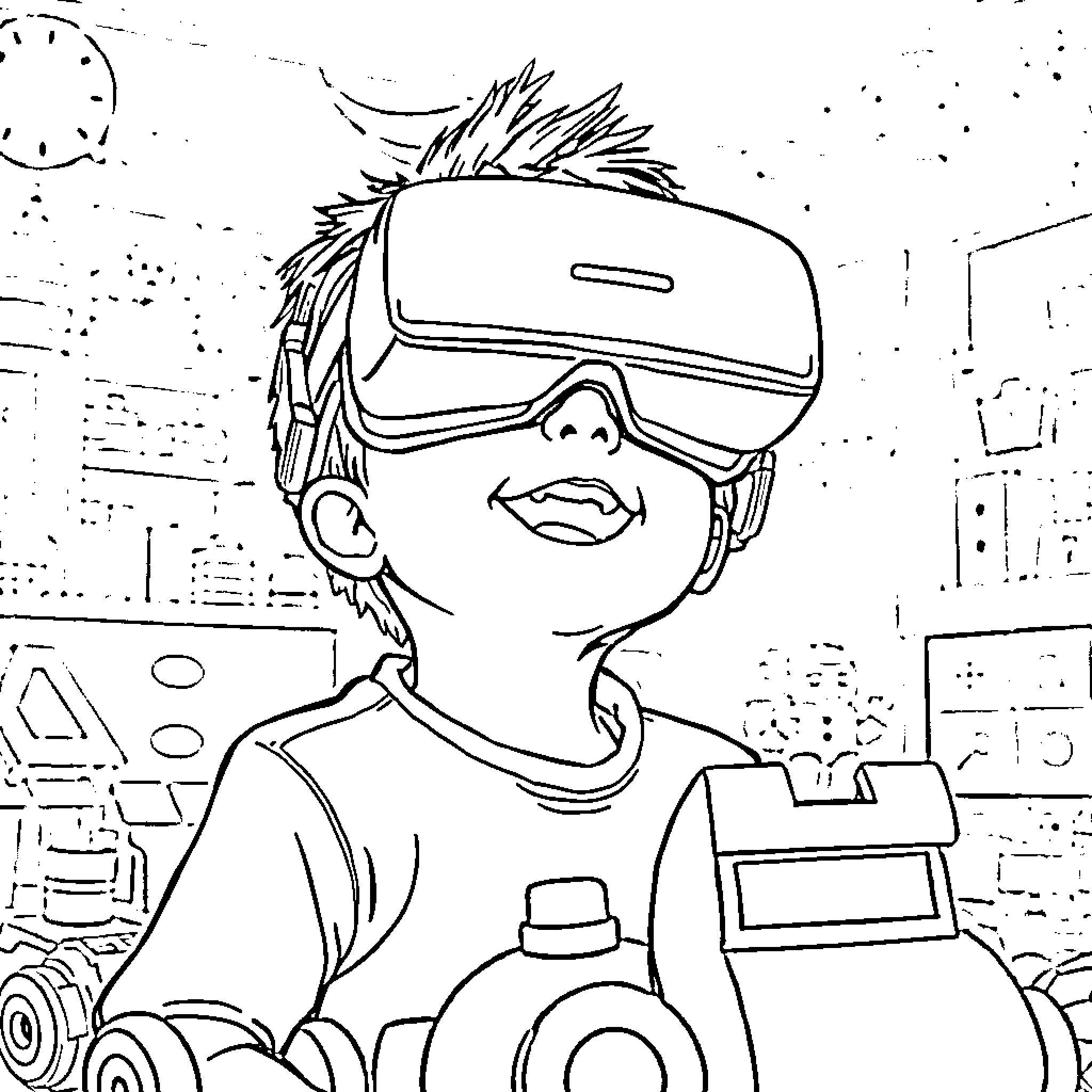 Kid exploring virtual reality in futuristic setting Coloring Page (free black-and-white line drawing printable PDF for all, from beginners to advanced learners, including children, teens, adults, and seniors)