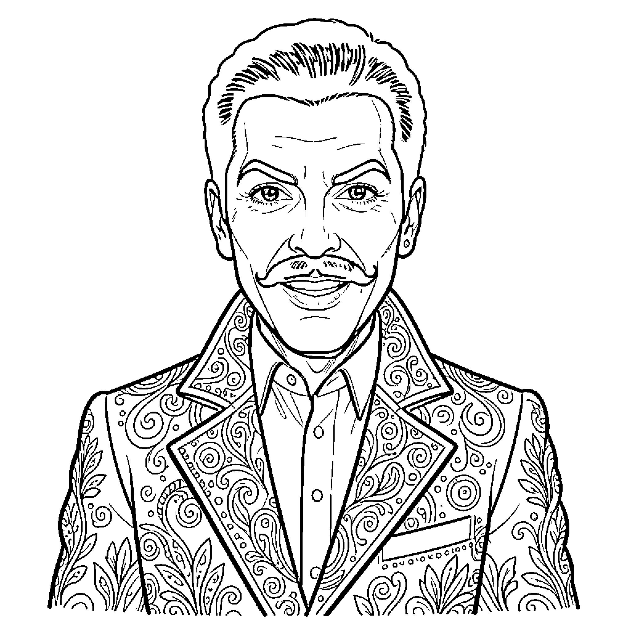 Freddie Mercury in an ornately patterned suit Coloring Page (free black-and-white line drawing printable PDF for all, from beginners to advanced learners, including children, teens, adults, and seniors)