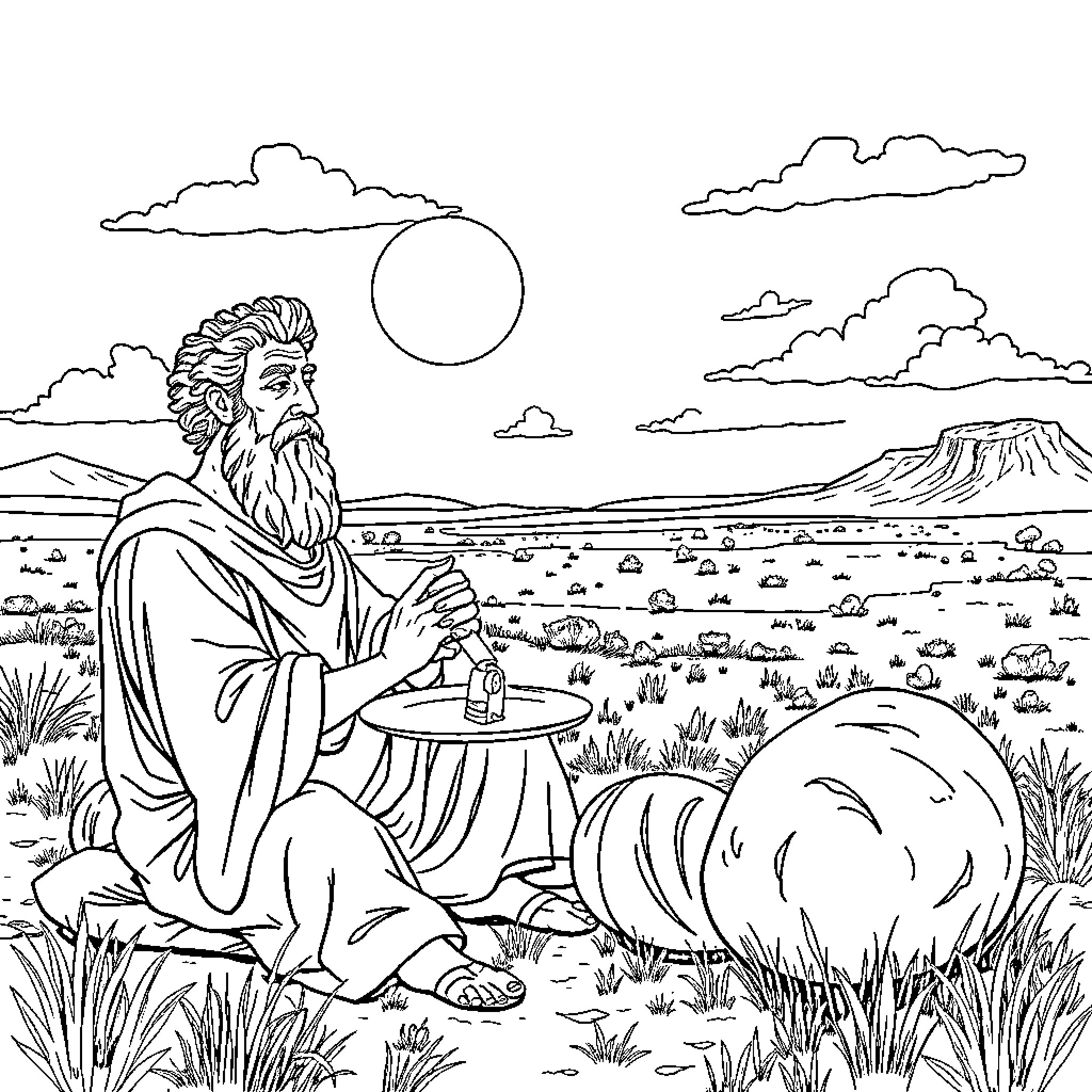 Aeschylus contemplating the desert landscape Coloring Page (free black-and-white line drawing printable PDF for all, from beginners to advanced learners, including children, teens, adults, and seniors)
