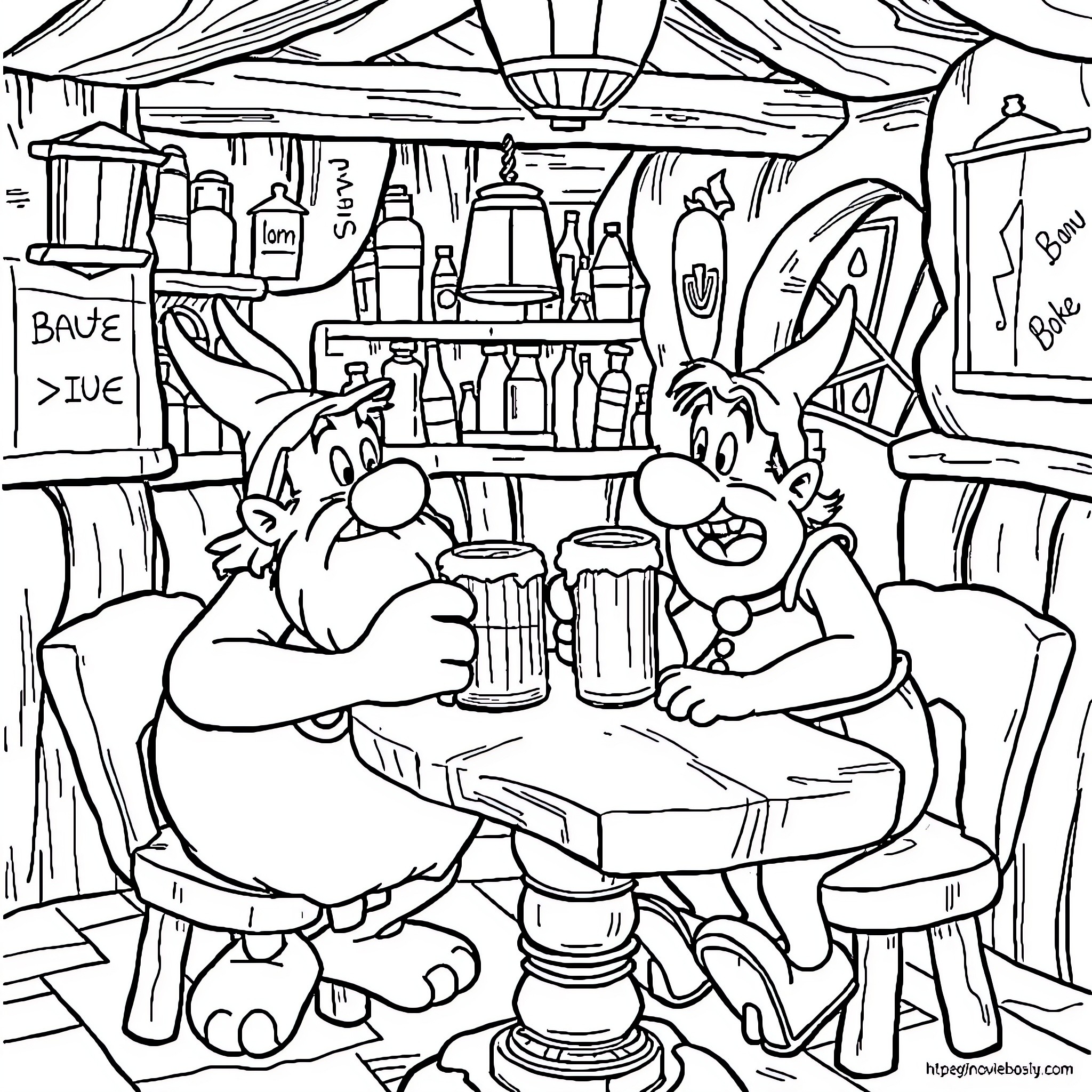 Asterix and Obelix Enjoying Drinks at a Lively Tavern Coloring Page (free black-and-white line drawing printable PDF for all, from beginners to advanced learners, including children, teens, adults, and seniors)