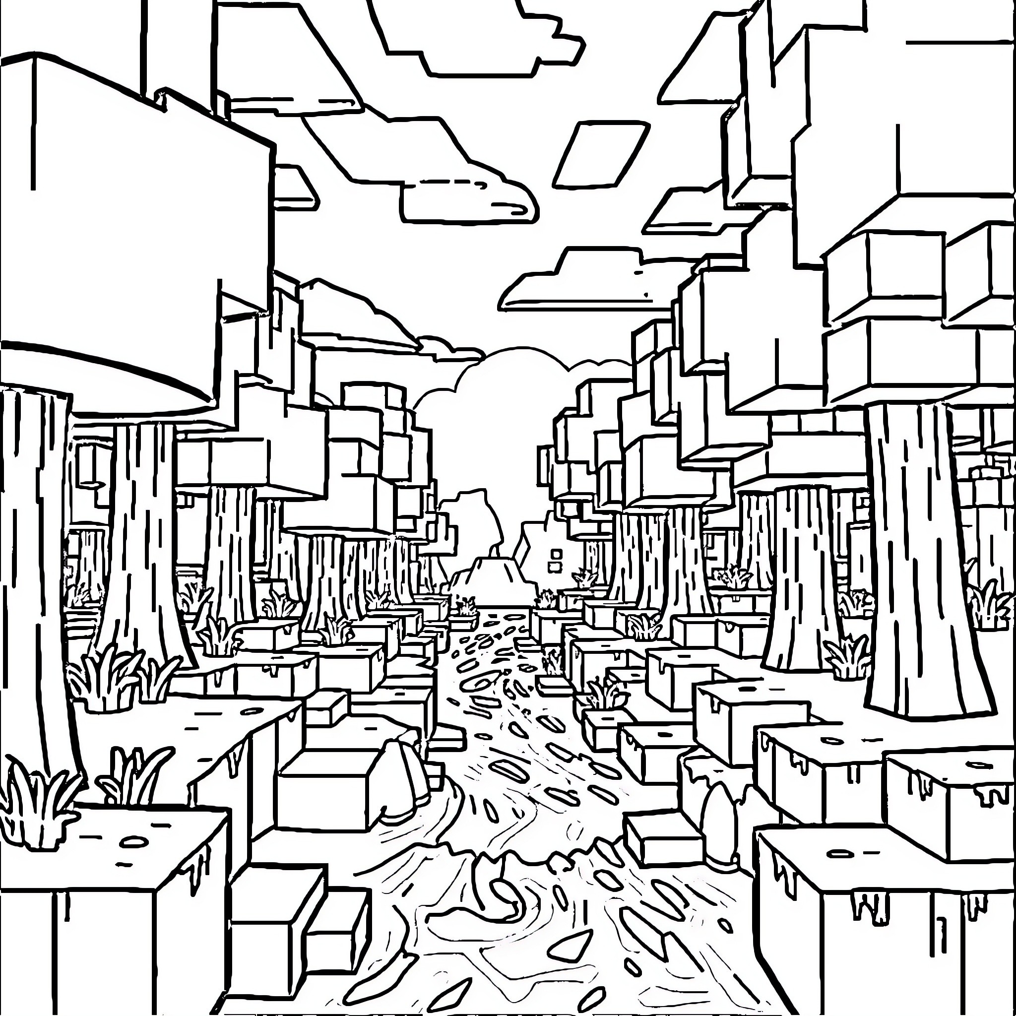 Minecraft Landscape with Mysterious Structures Coloring Page (free black-and-white line drawing printable PDF for all, from beginners to advanced learners, including children, teens, adults, and seniors)