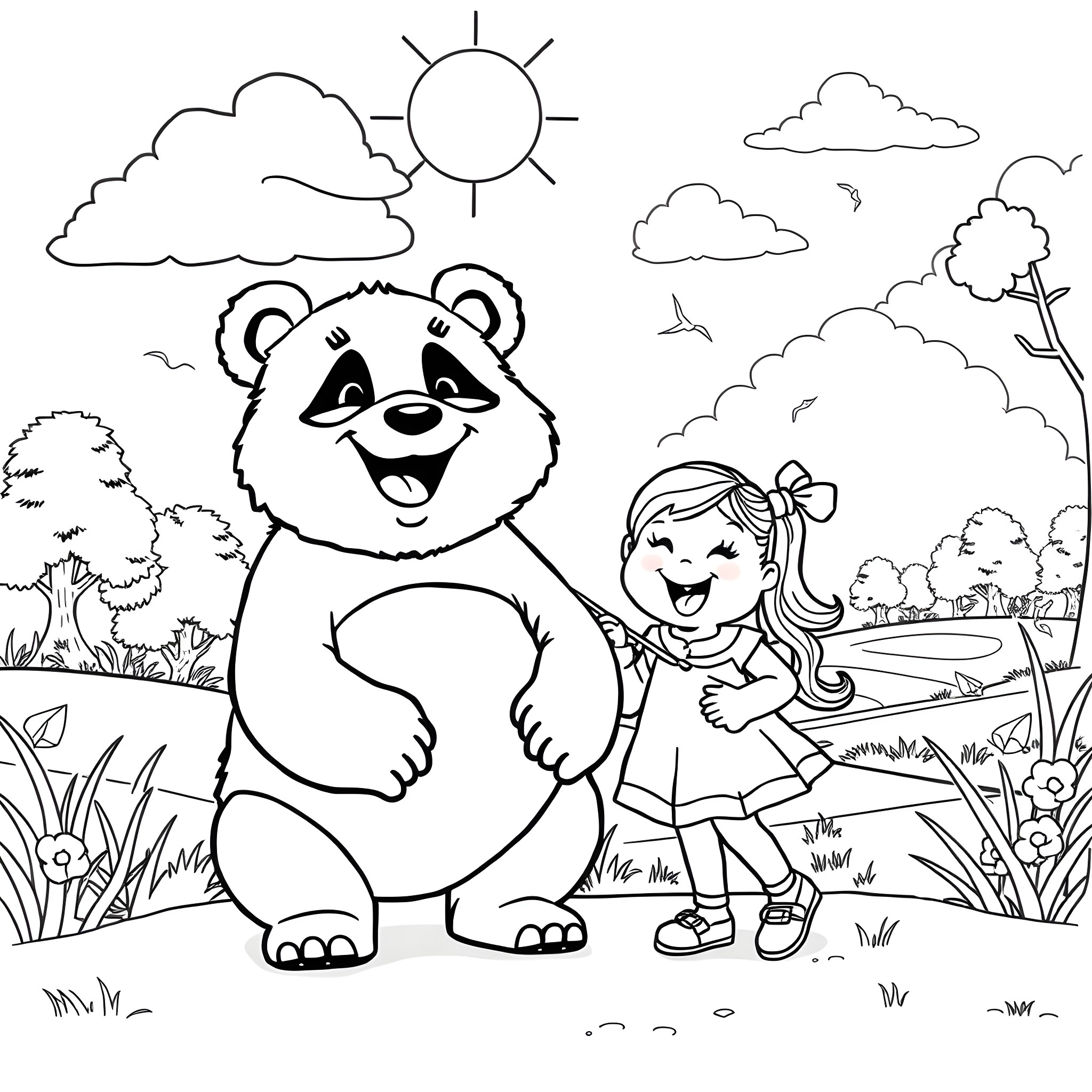Panda and girl enjoying outdoor scenery Coloring Page (free black-and-white line drawing printable PDF for all, from beginners to advanced learners, including children, teens, adults, and seniors)