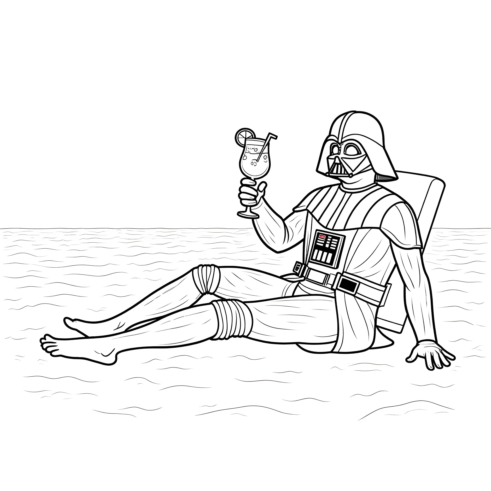 Darth Vader relaxing with a drink on the beach Coloring Page (free black-and-white line drawing printable PDF for all, from beginners to advanced learners, including children, teens, adults, and seniors)