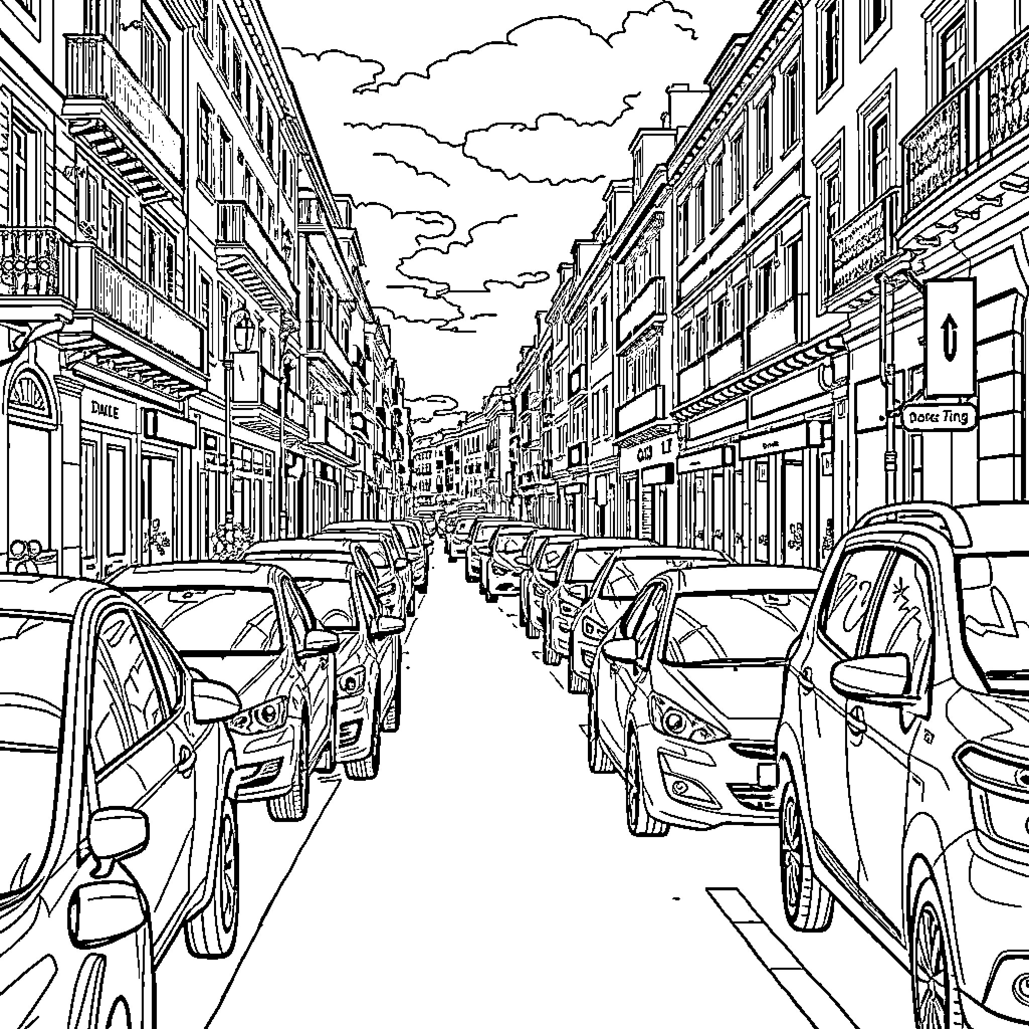 Cars lined up on a crowded city street Coloring Page (free black-and-white line drawing printable PDF for all, from beginners to advanced learners, including children, teens, adults, and seniors)