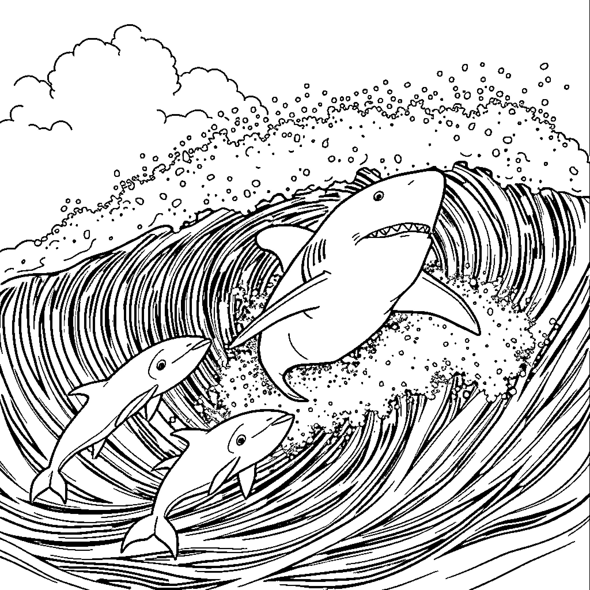 Sharks hunting in the crashing waves Coloring Page (free black-and-white line drawing printable PDF for all, from beginners to advanced learners, including children, teens, adults, and seniors)