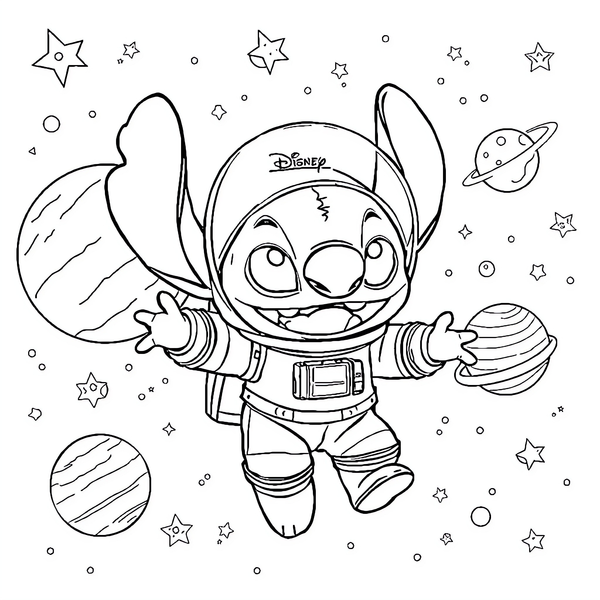 Stitch Exploring the Cosmic Wonders Coloring Page (free black-and-white line drawing printable PDF for all, from beginners to advanced learners, including children, teens, adults, and seniors)