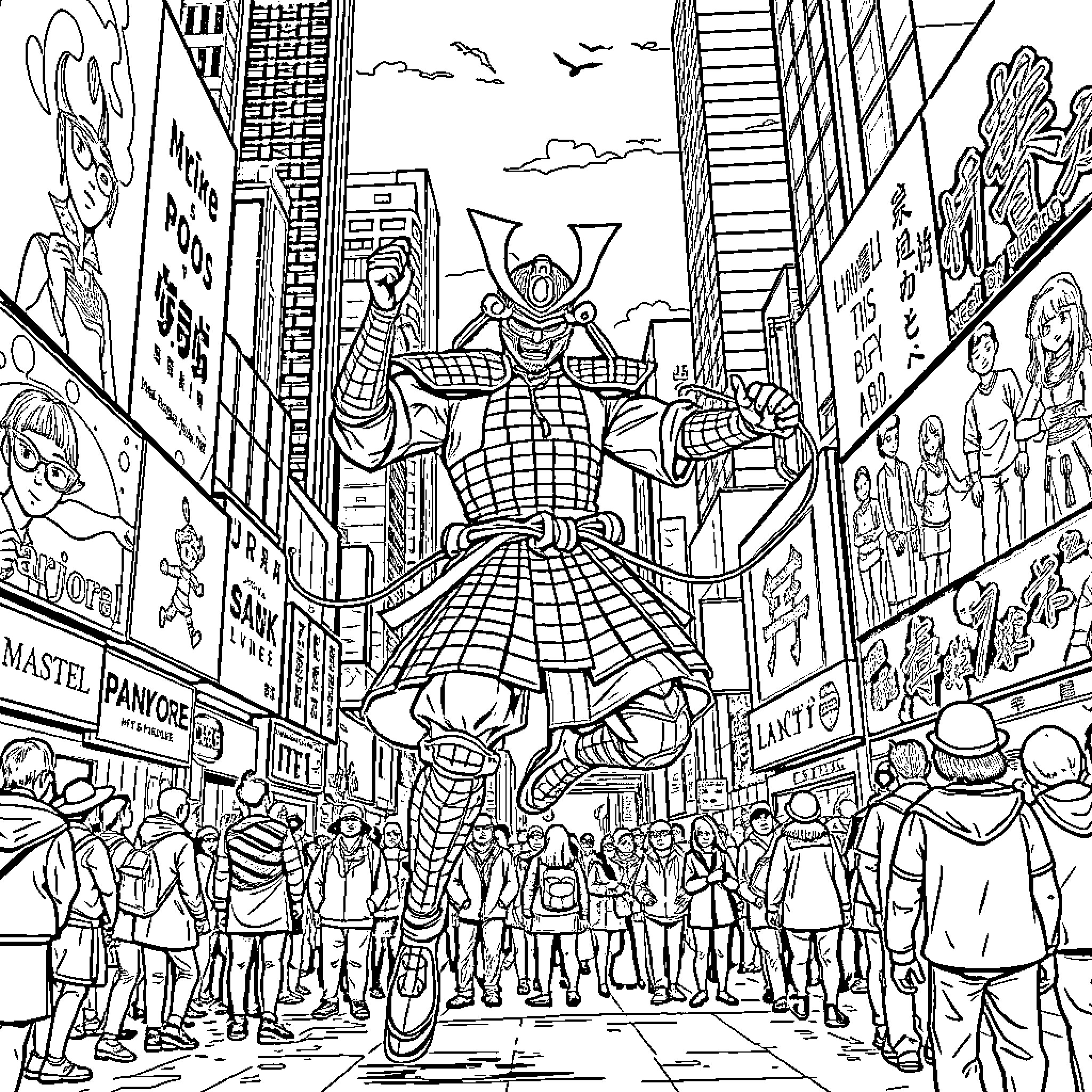 Samurai Warrior Dominates the Vibrant City Landscape Coloring Page (free black-and-white line drawing printable PDF for all, from beginners to advanced learners, including children, teens, adults, and seniors)