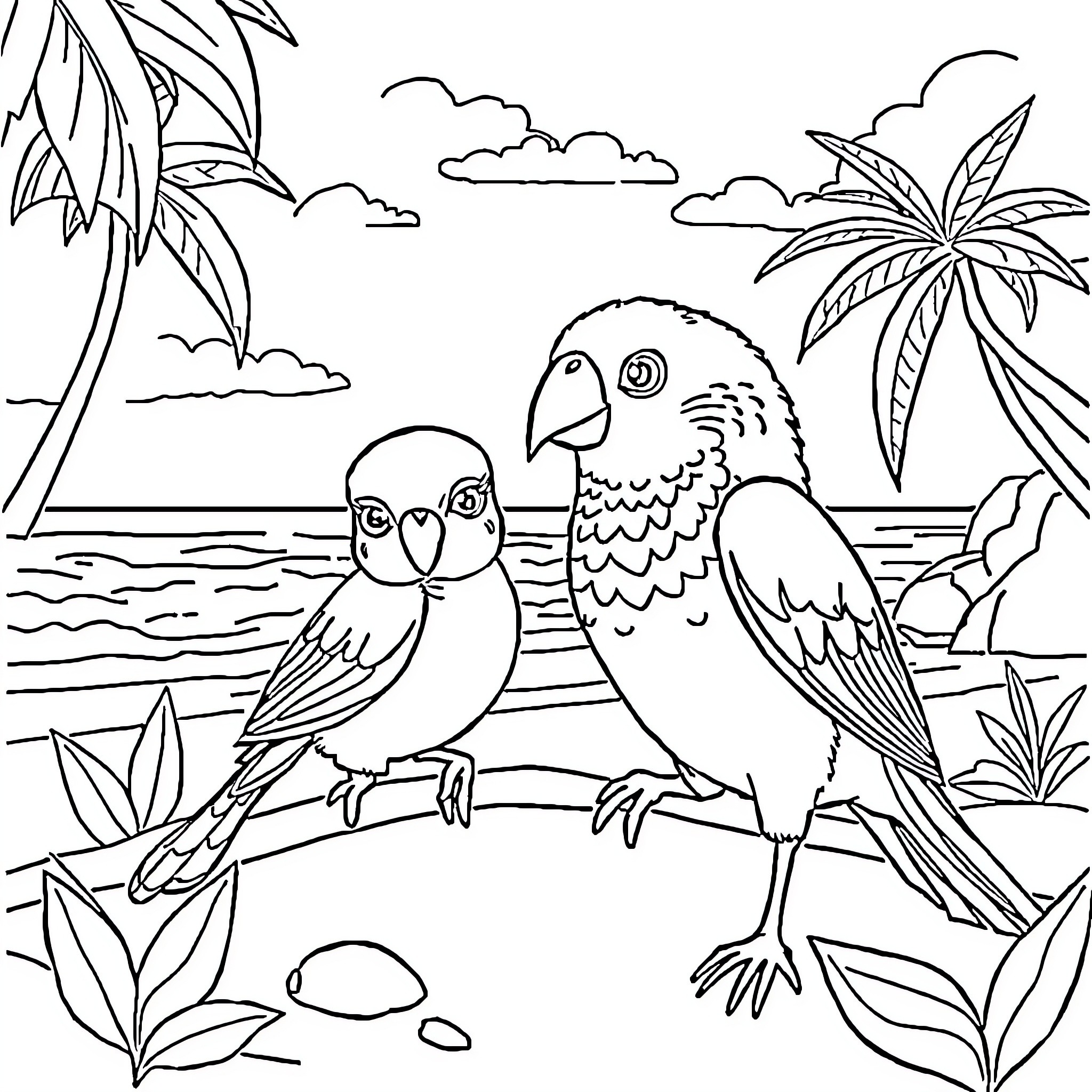 Cats enjoying tropical beach scene Coloring Page (free black-and-white line drawing printable PDF for all, from beginners to advanced learners, including children, teens, adults, and seniors)