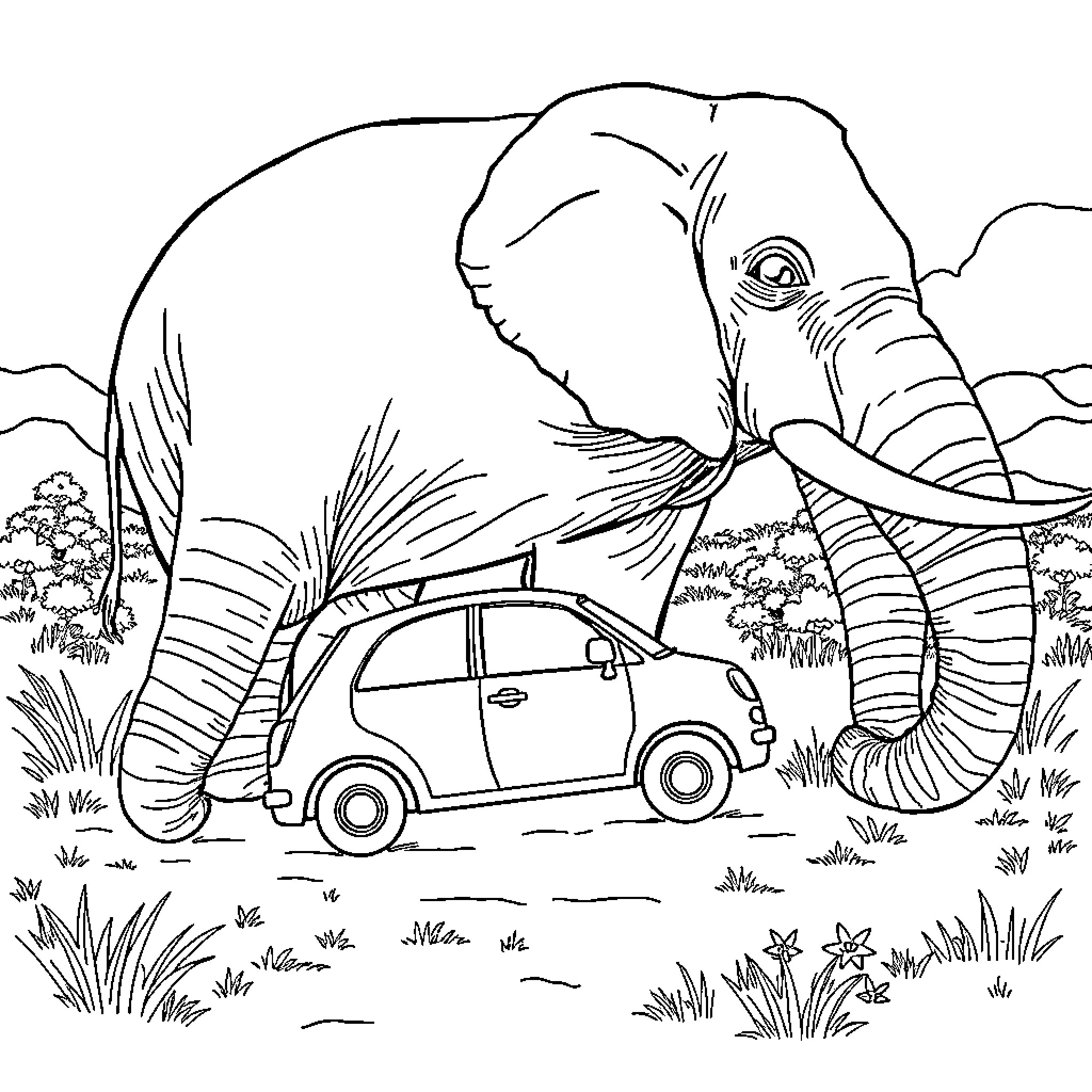 Car rescued from elephant in nature Coloring Page (free black-and-white line drawing printable PDF for all, from beginners to advanced learners, including children, teens, adults, and seniors)