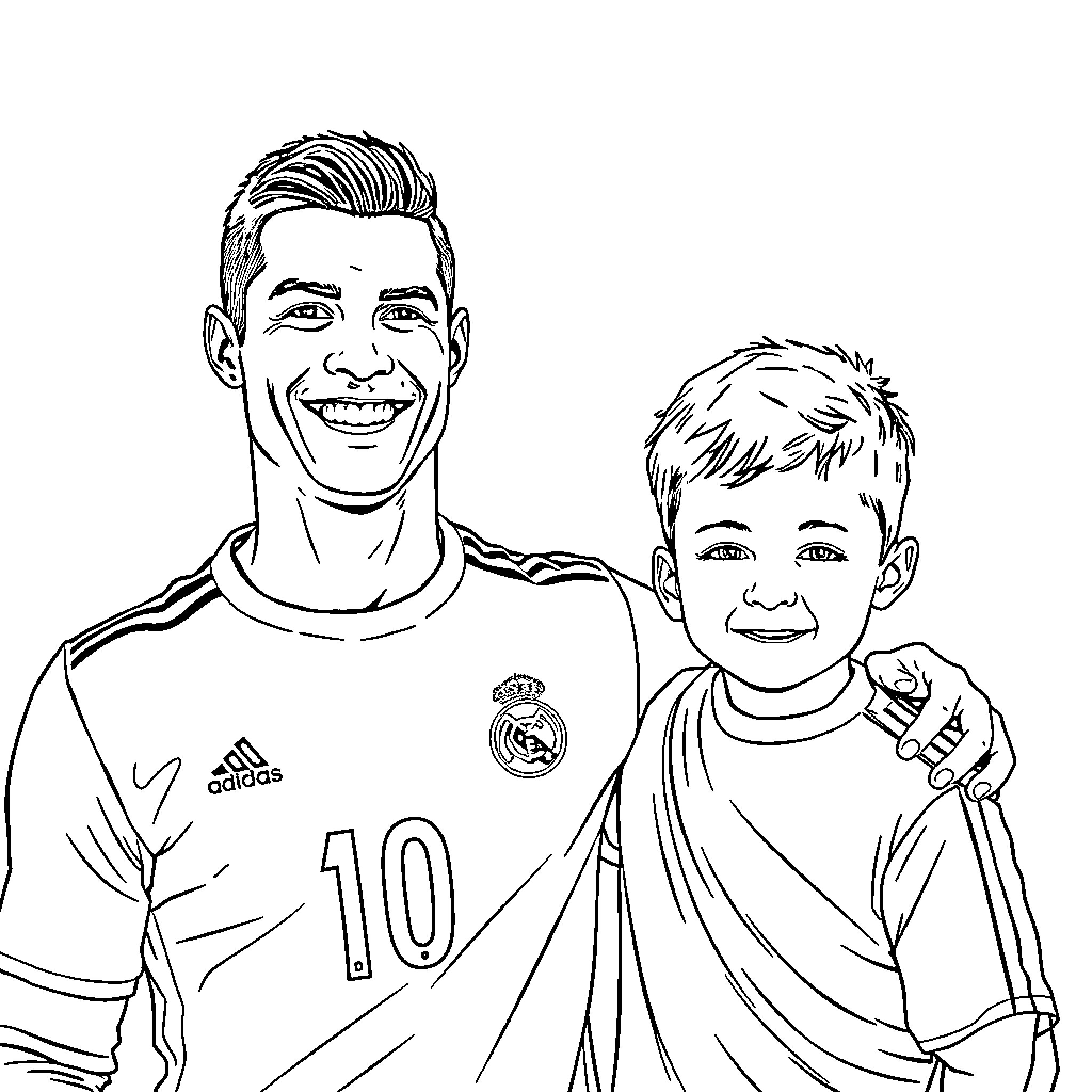 Cristiano Ronaldo posing with a young fan in sports uniform Coloring Page (free black-and-white line drawing printable PDF for all, from beginners to advanced learners, including children, teens, adults, and seniors)