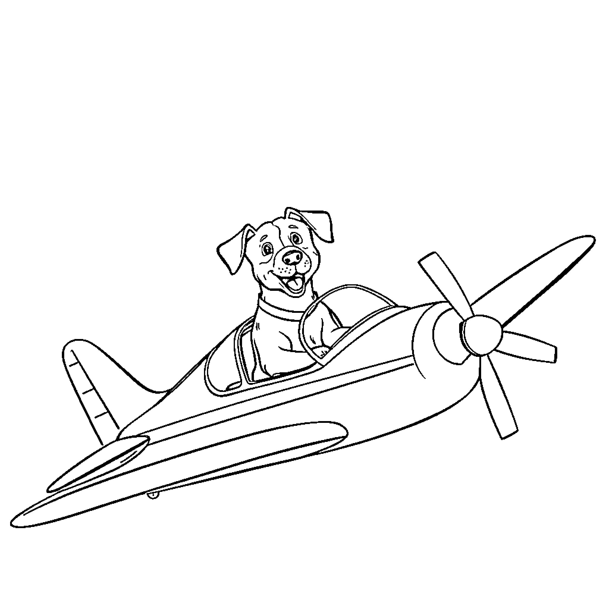 Dog flying a plane happily Coloring Page (free black-and-white line drawing printable PDF for all, from beginners to advanced learners, including children, teens, adults, and seniors)