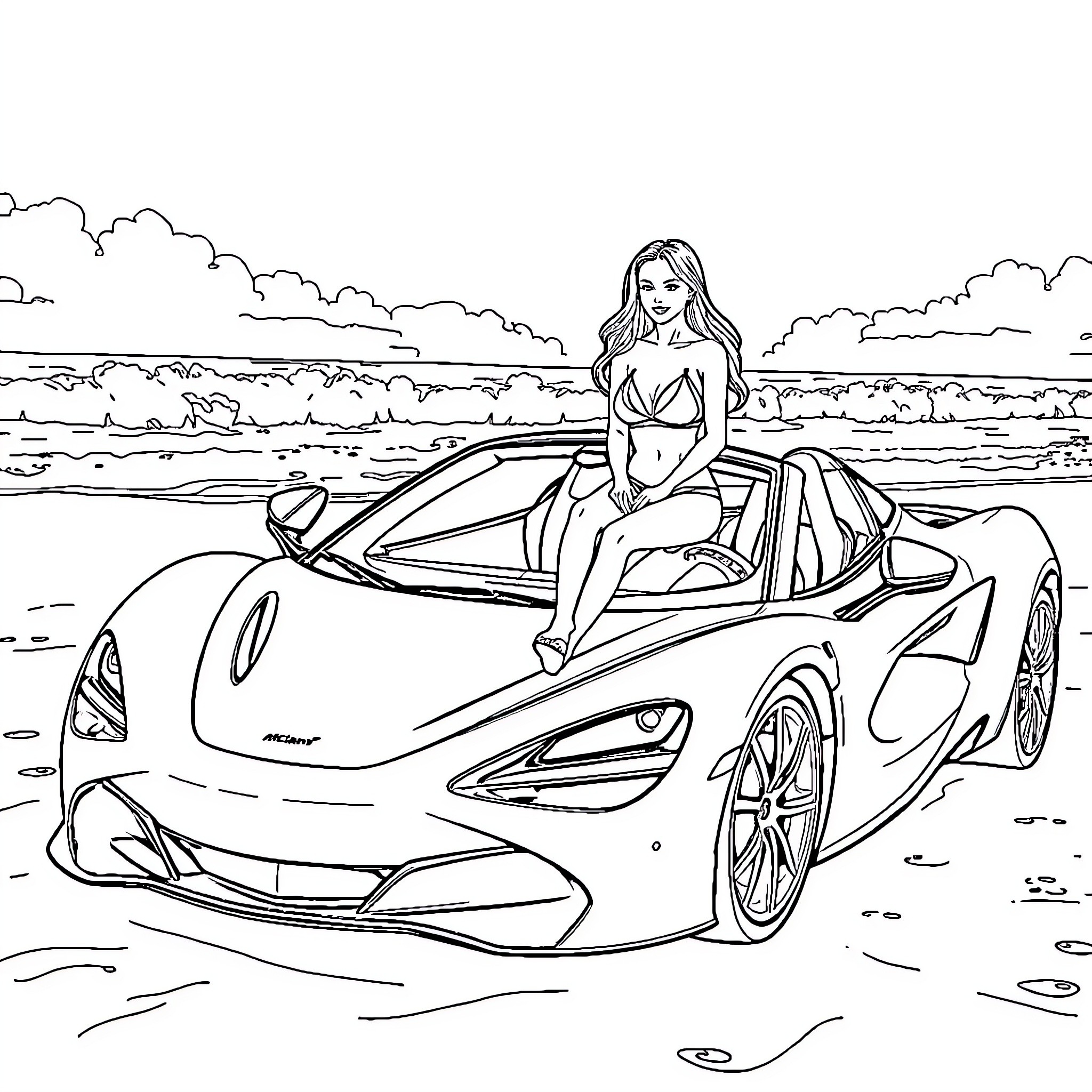 McLaren supercar with a woman driver on the beach Coloring Page (free black-and-white line drawing printable PDF for all, from beginners to advanced learners, including children, teens, adults, and seniors)