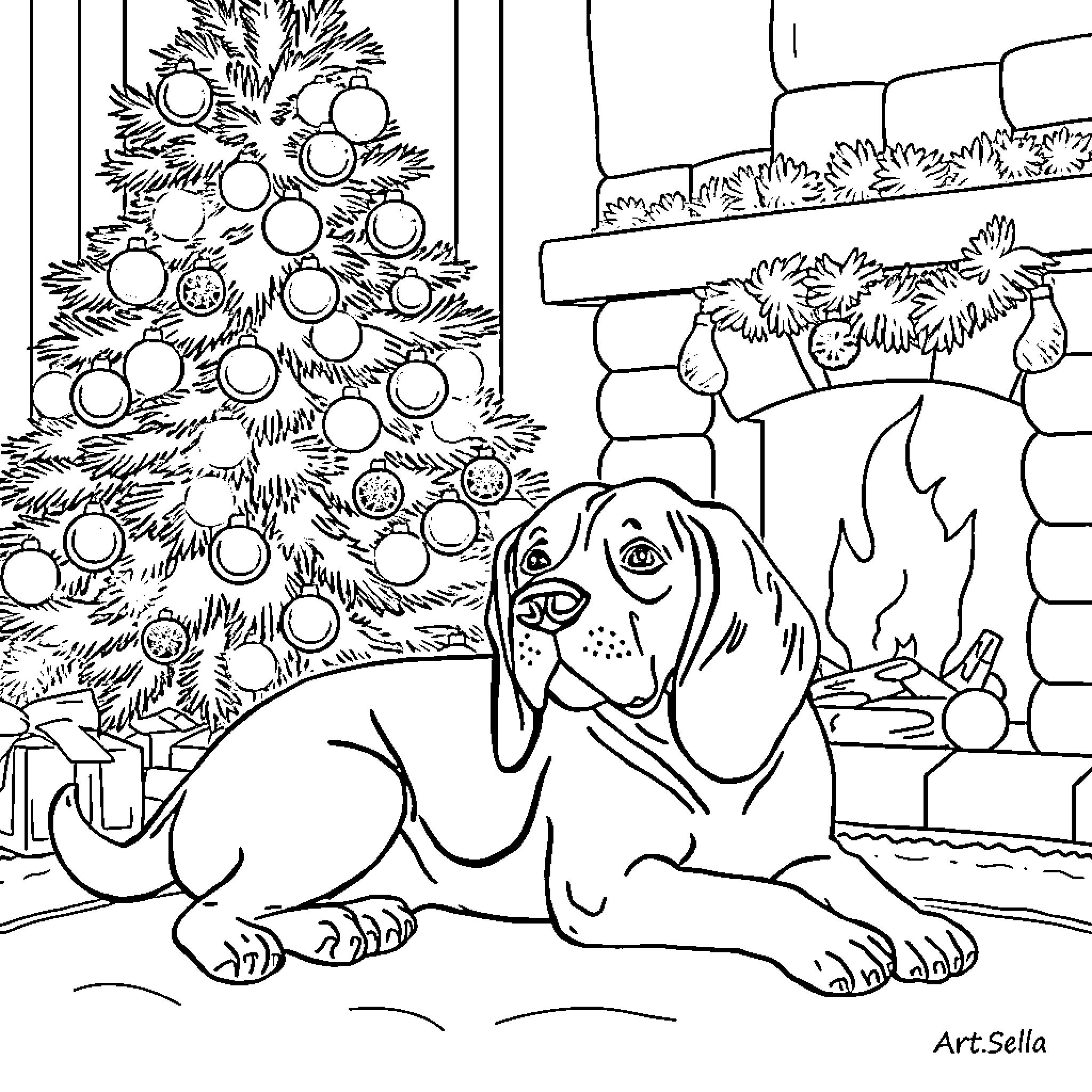 Beagle relaxing by the Christmas tree Coloring Page (free black-and-white line drawing printable PDF for all, from beginners to advanced learners, including children, teens, adults, and seniors)