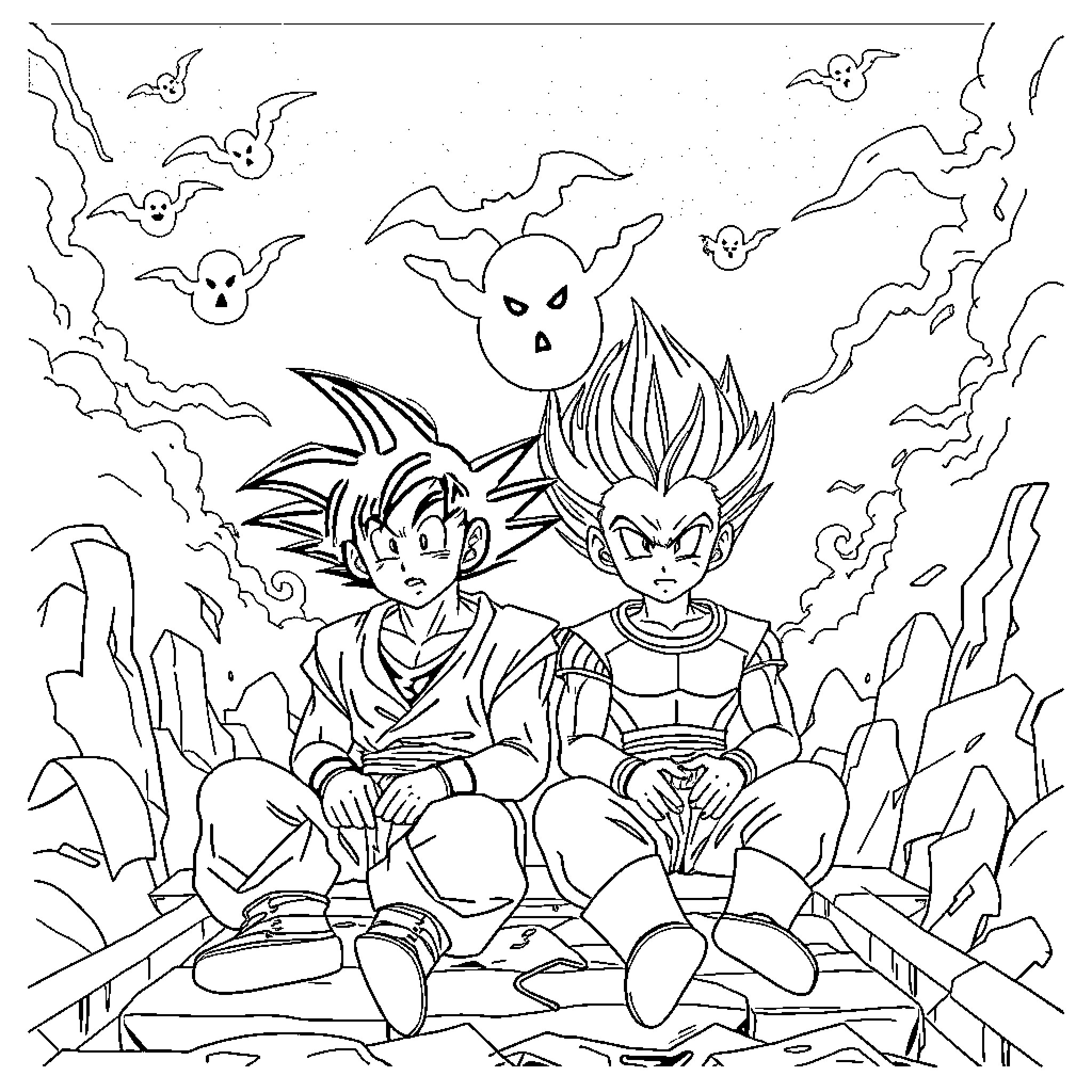 Son Goku and Vegeta in Intense Saiyan Battle Coloring Page (free black-and-white line drawing printable PDF for all, from beginners to advanced learners, including children, teens, adults, and seniors)