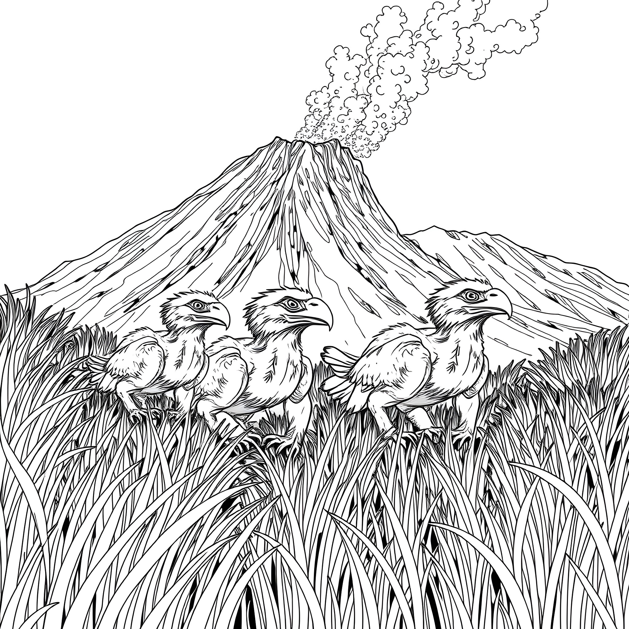 Raptor hatchlings in the shadow of a volcanic eruption Coloring Page (free black-and-white line drawing printable PDF for all, from beginners to advanced learners, including children, teens, adults, and seniors)