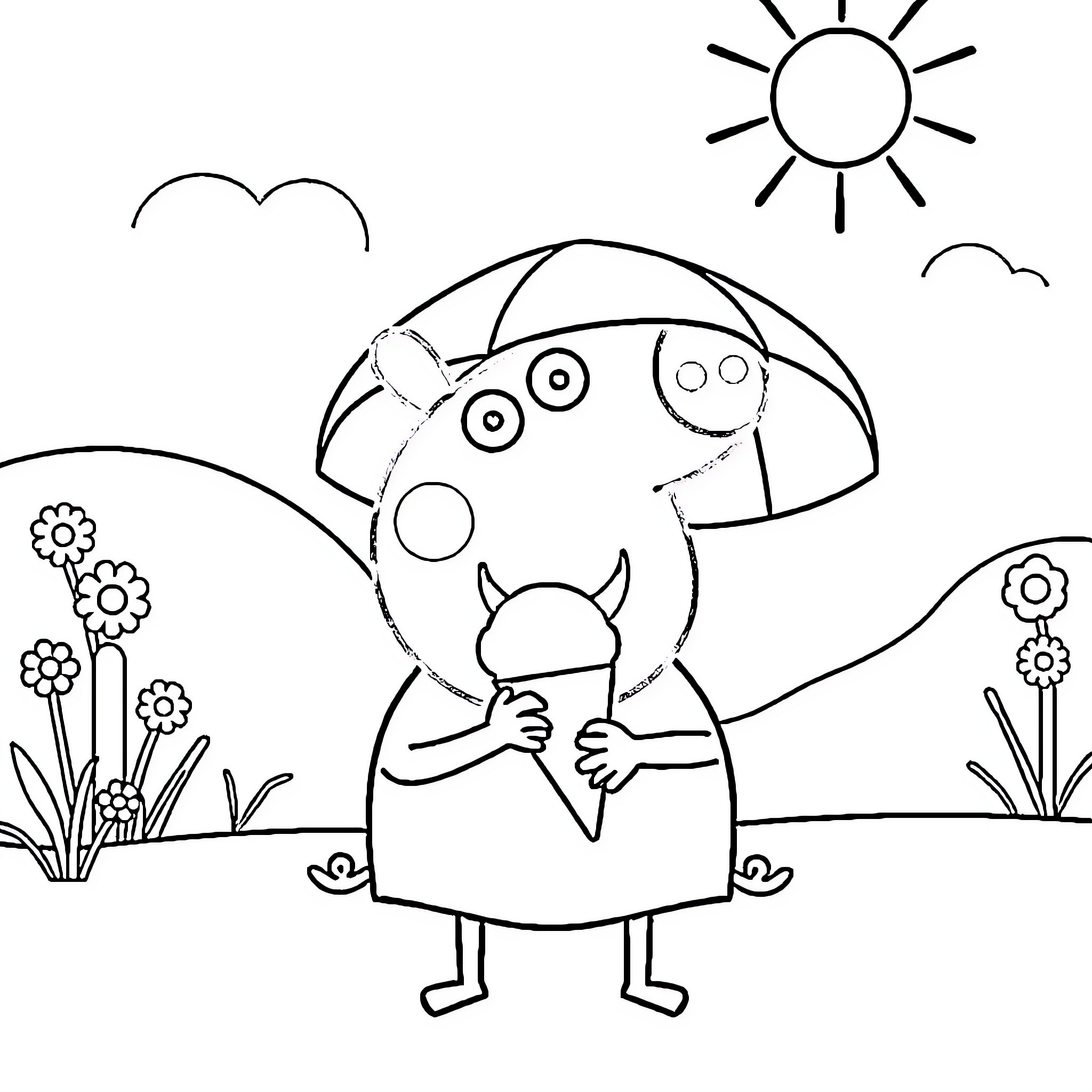 Peppa Pig enjoying the sunny day outdoors Coloring Page (free black-and-white line drawing printable PDF for all, from beginners to advanced learners, including children, teens, adults, and seniors)