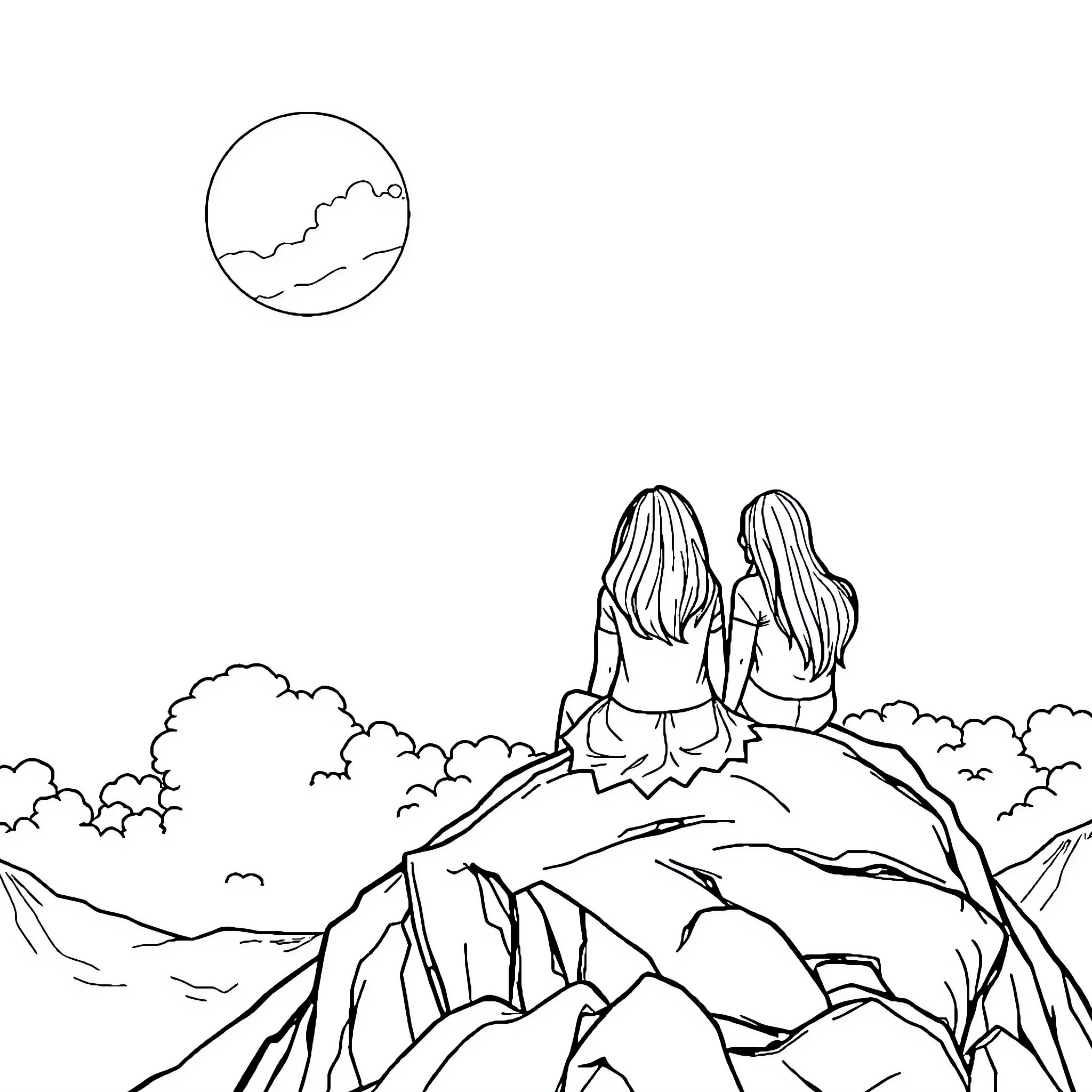 Person sitting on cliff watching sunset Coloring Page (free black-and-white line drawing printable PDF for all, from beginners to advanced learners, including children, teens, adults, and seniors)