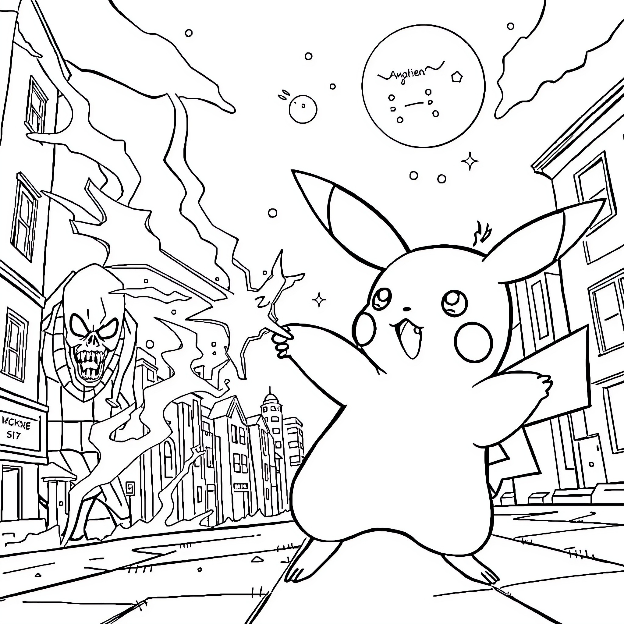 Pikachu battling in a city landscape Coloring Page (free black-and-white line drawing printable PDF for all, from beginners to advanced learners, including children, teens, adults, and seniors)