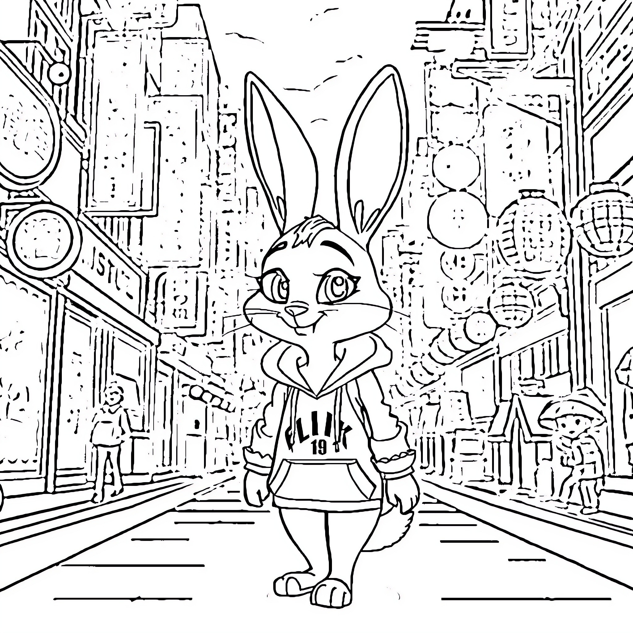 Judy Hopps explores the city with determination Coloring Page (free black-and-white line drawing printable PDF for all, from beginners to advanced learners, including children, teens, adults, and seniors)