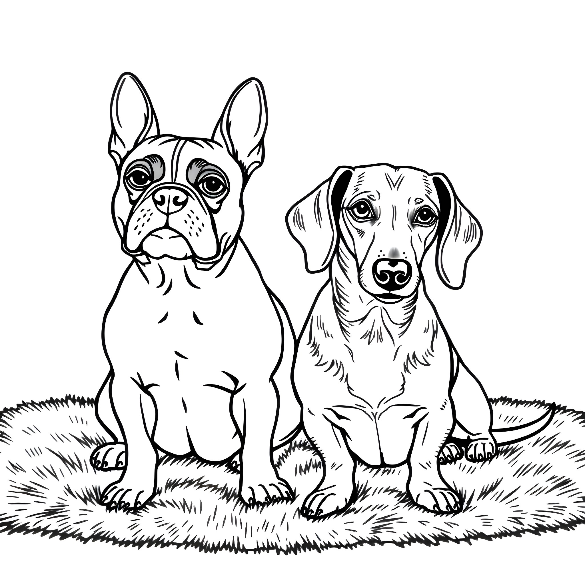 Dogs sitting peacefully in the grass Coloring Page (free black-and-white line drawing printable PDF for all, from beginners to advanced learners, including children, teens, adults, and seniors)