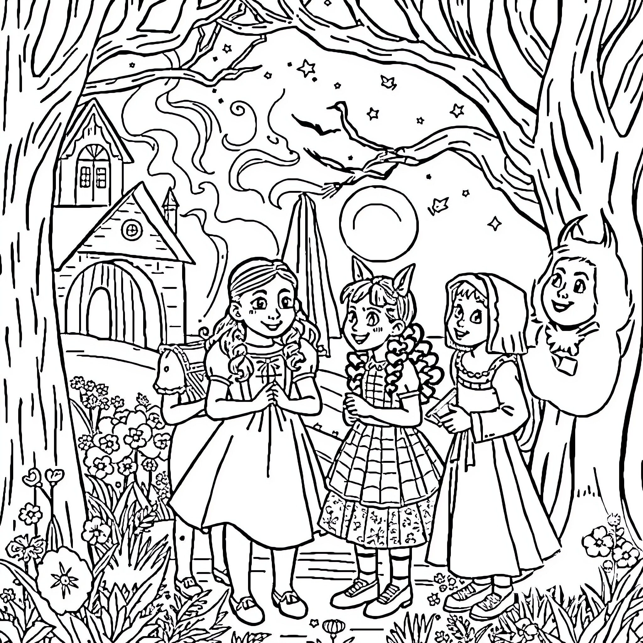 Wizard children playing in enchanted forest Coloring Page (free black-and-white line drawing printable PDF for all, from beginners to advanced learners, including children, teens, adults, and seniors)