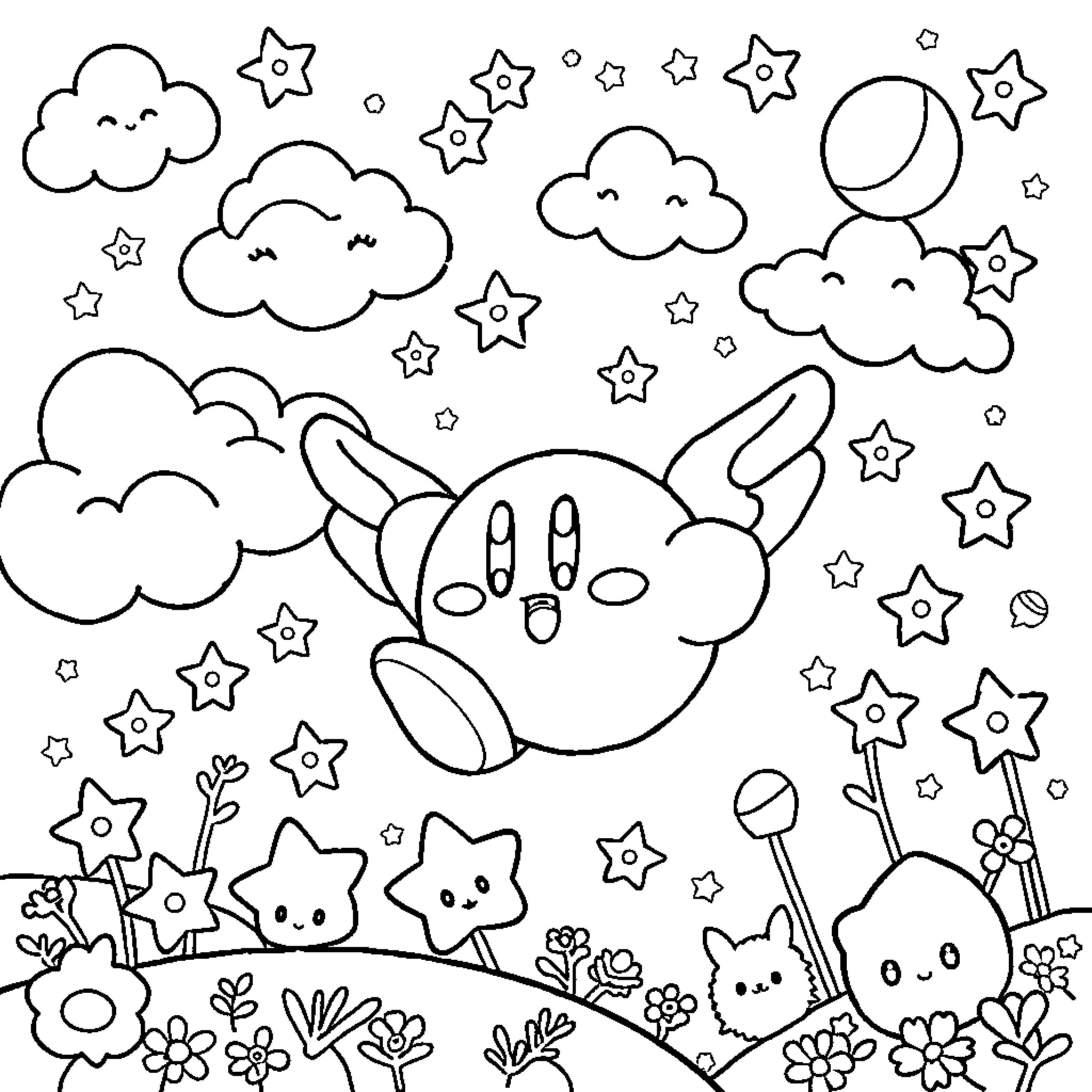 Kirby's Whimsical Adventure in the Starry Night Sky Coloring Page (free black-and-white line drawing printable PDF for all, from beginners to advanced learners, including children, teens, adults, and seniors)