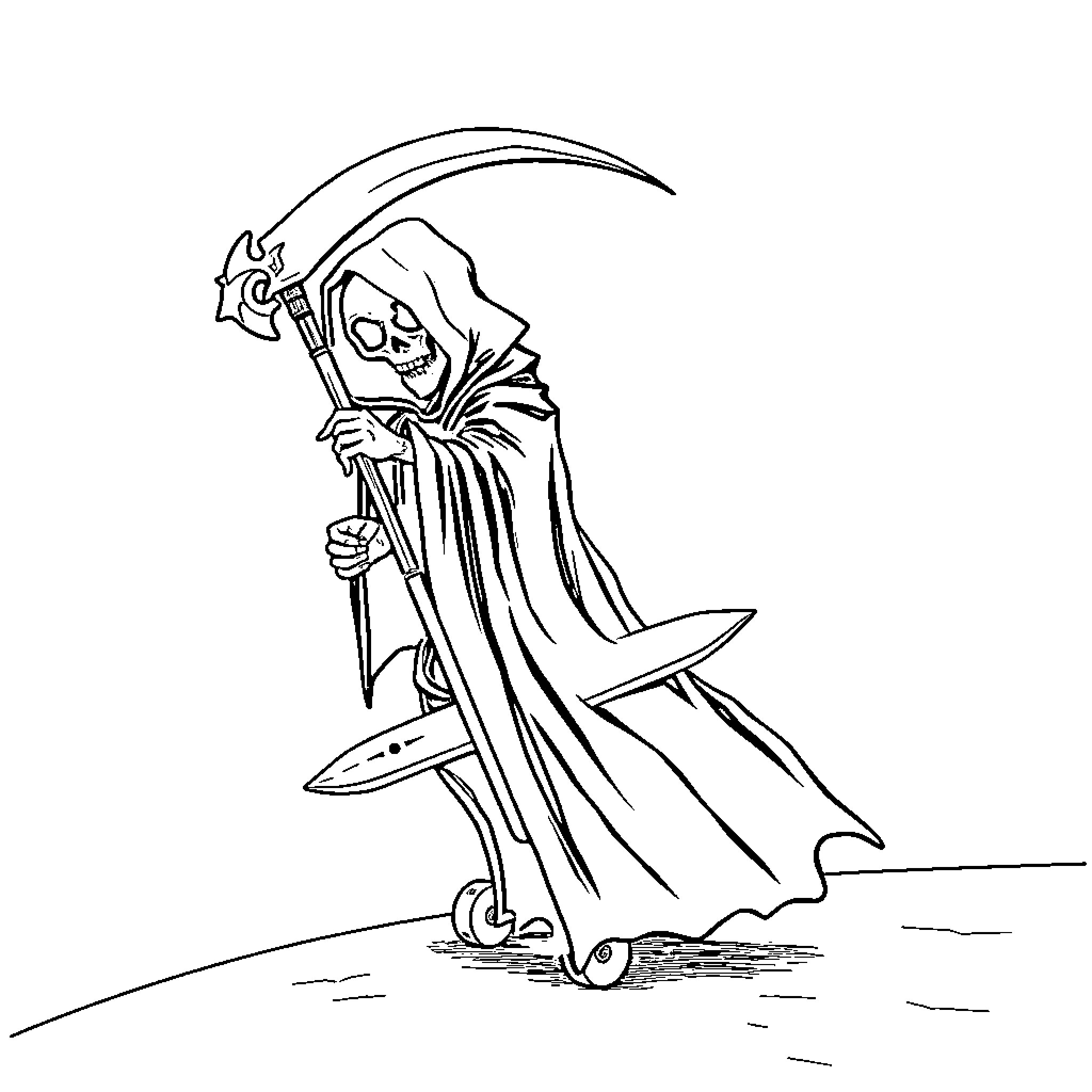 Grim Reaper wielding scythe in a dark setting Coloring Page (free black-and-white line drawing printable PDF for all, from beginners to advanced learners, including children, teens, adults, and seniors)