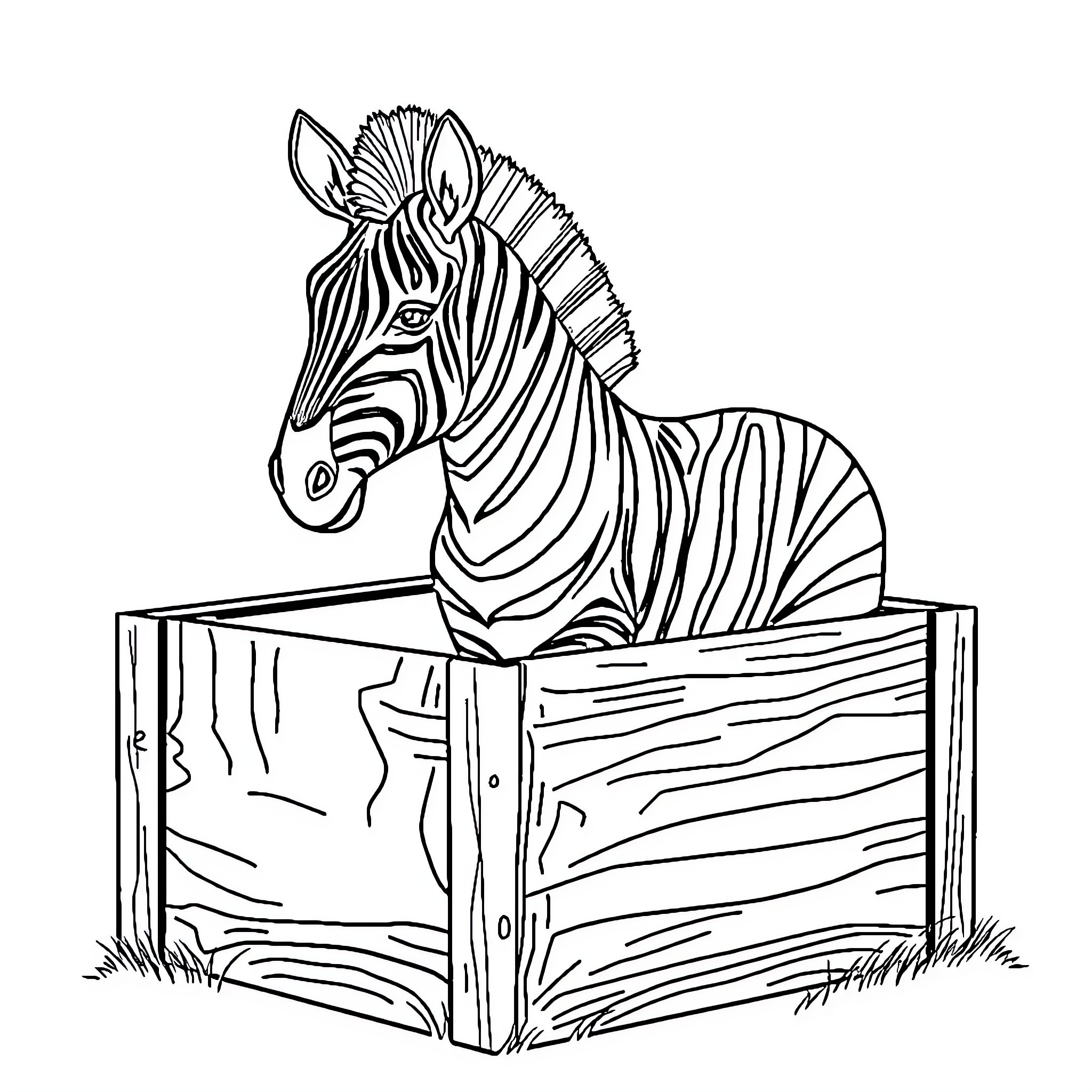 Zebra resting in a wooden crate Coloring Page (free black-and-white line drawing printable PDF for all, from beginners to advanced learners, including children, teens, adults, and seniors)