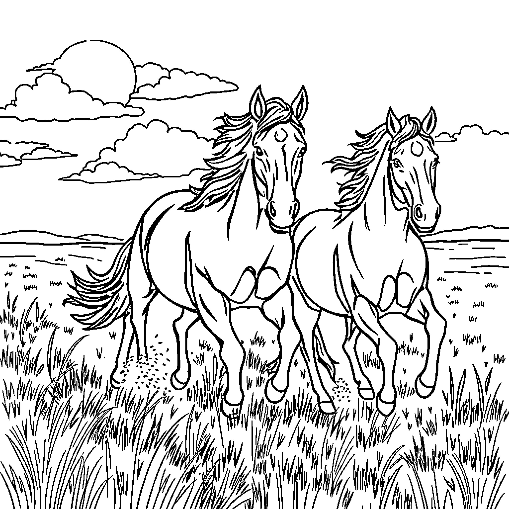 Horses galloping freely in the open field Coloring Page (free black-and-white line drawing printable PDF for all, from beginners to advanced learners, including children, teens, adults, and seniors)