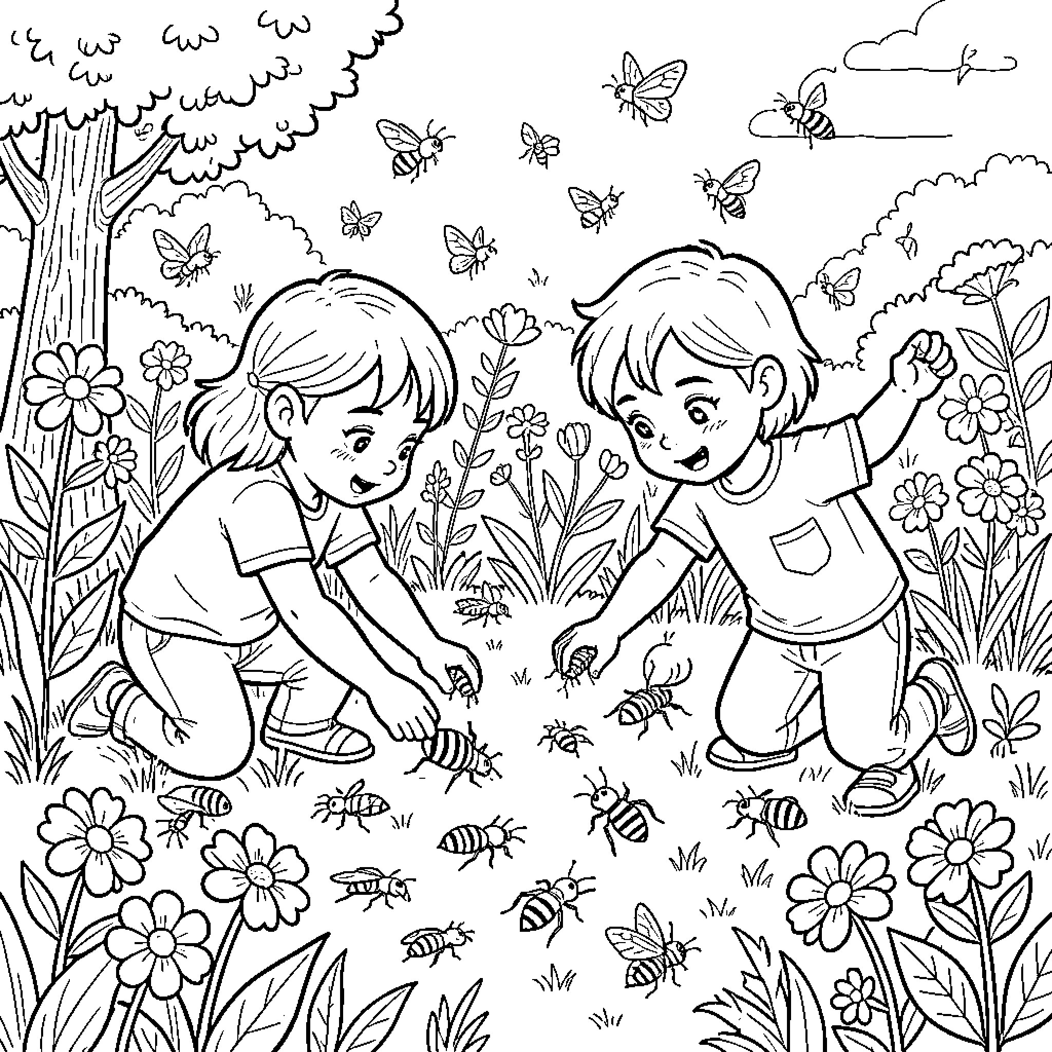 Insect watching children playing in a flower garden Coloring Page (free black-and-white line drawing printable PDF for all, from beginners to advanced learners, including children, teens, adults, and seniors)