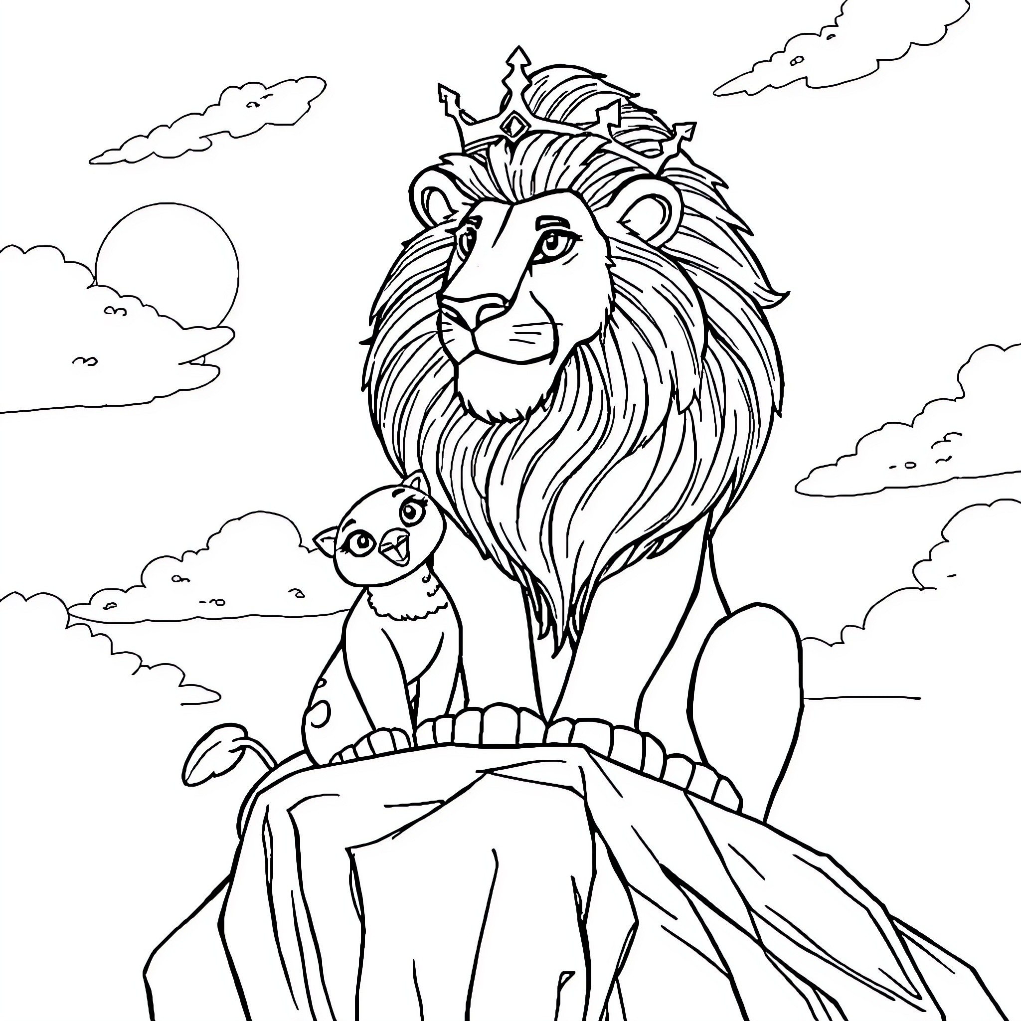 Lion sitting atop a rocky cliff with a serene landscape Coloring Page (free black-and-white line drawing printable PDF for all, from beginners to advanced learners, including children, teens, adults, and seniors)