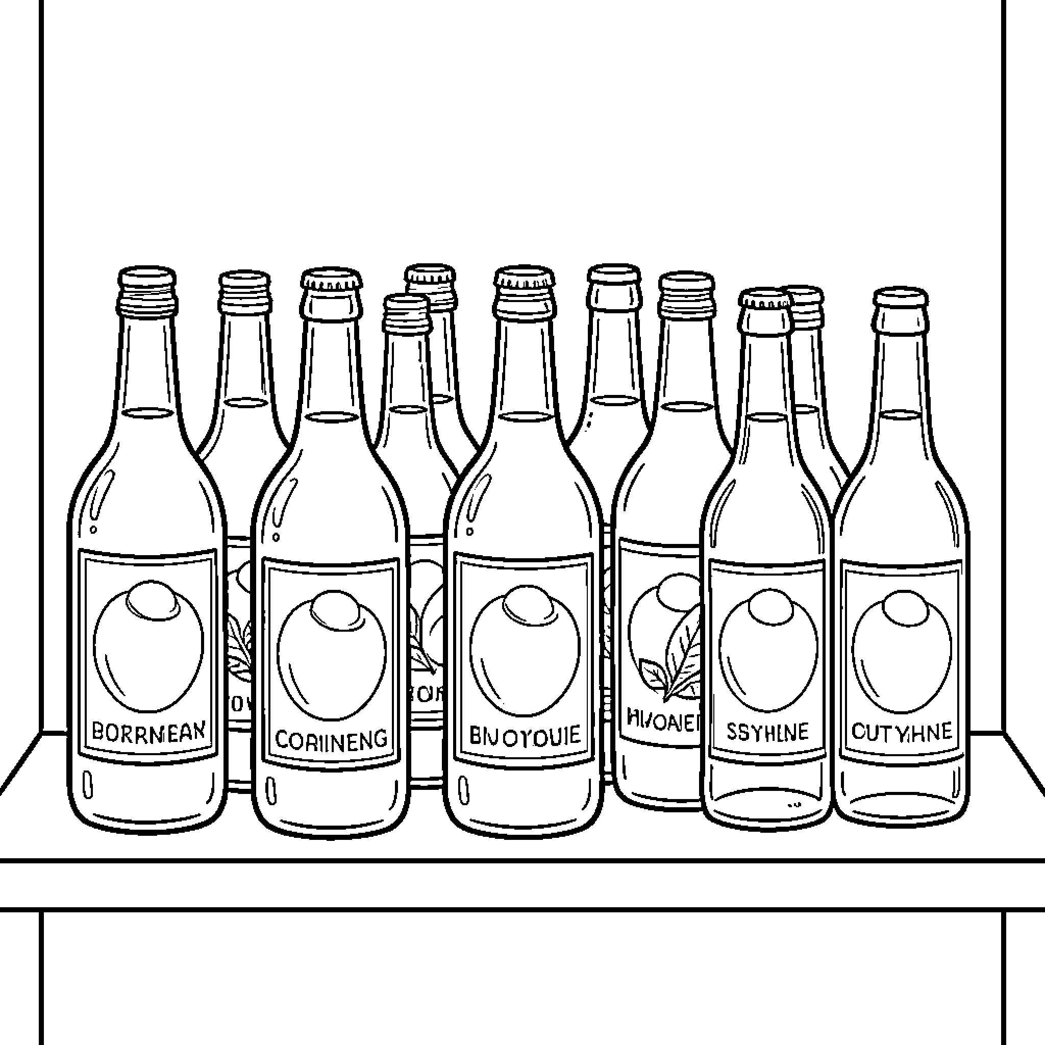 Bottle collection lined up on a shelf Coloring Page (free black-and-white line drawing printable PDF for all, from beginners to advanced learners, including children, teens, adults, and seniors)