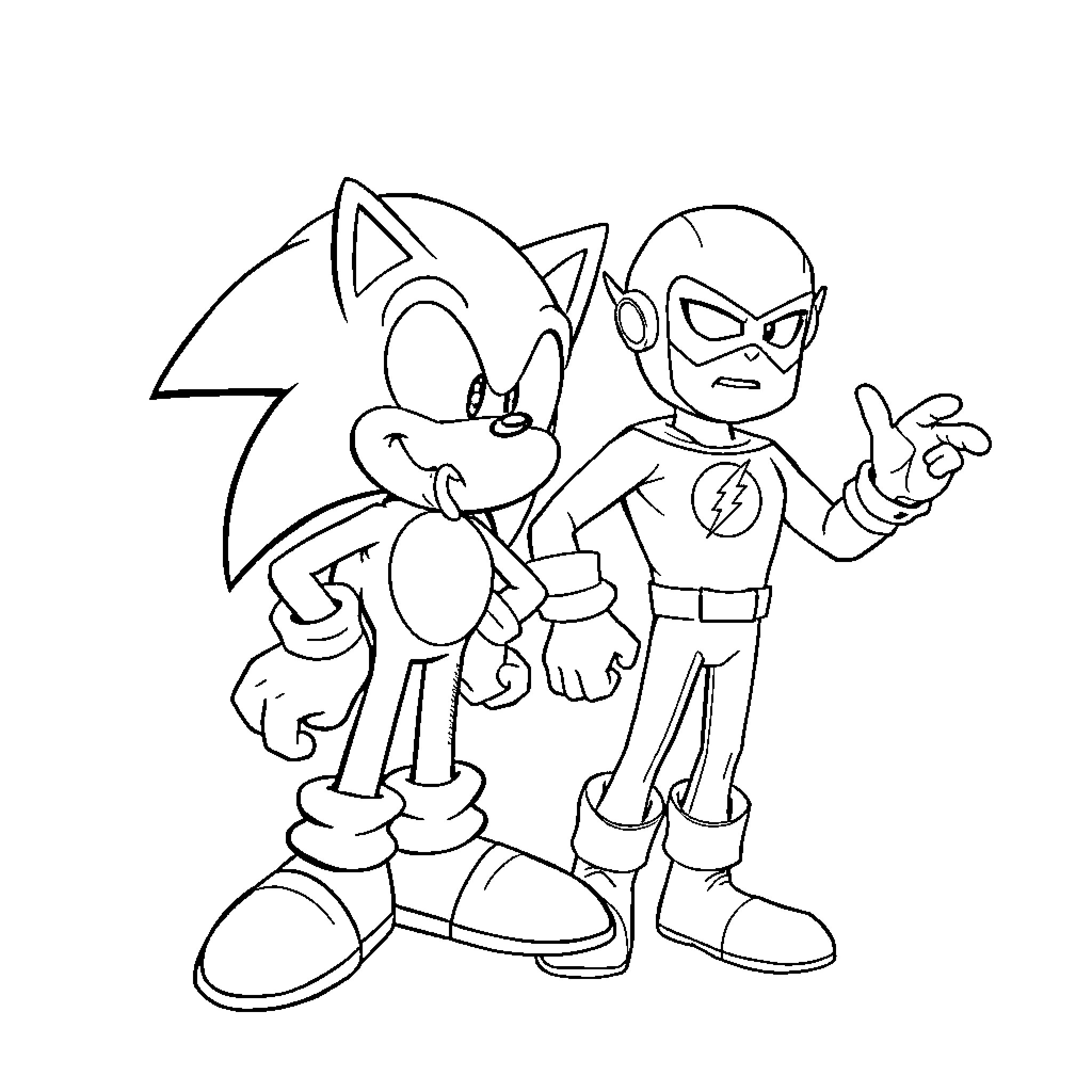 Sonic and Flash working together in action Coloring Page (free black-and-white line drawing printable PDF for all, from beginners to advanced learners, including children, teens, adults, and seniors)