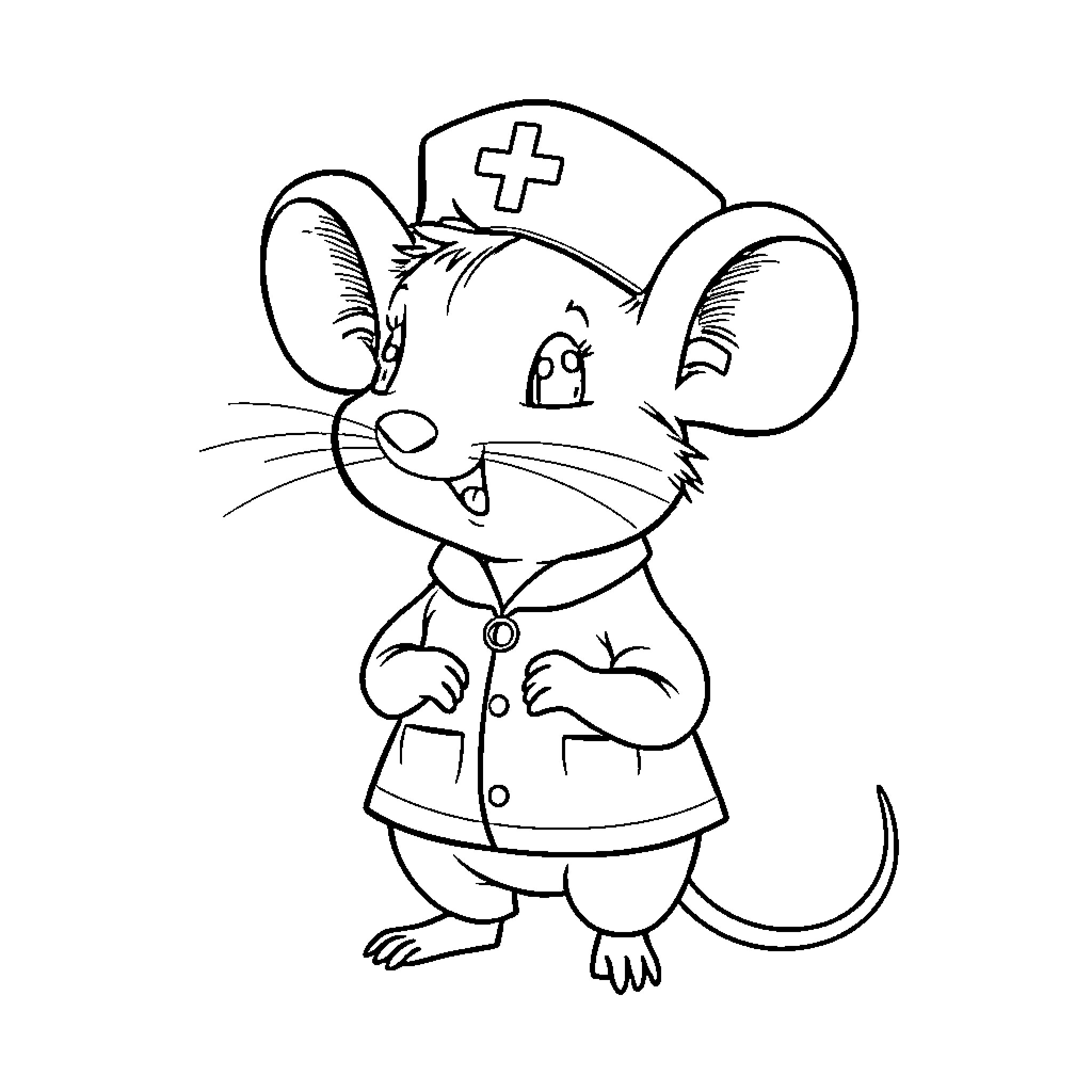 Minimouse the Nurse Mouse Helping Others Coloring Page (free black-and-white line drawing printable PDF for all, from beginners to advanced learners, including children, teens, adults, and seniors)