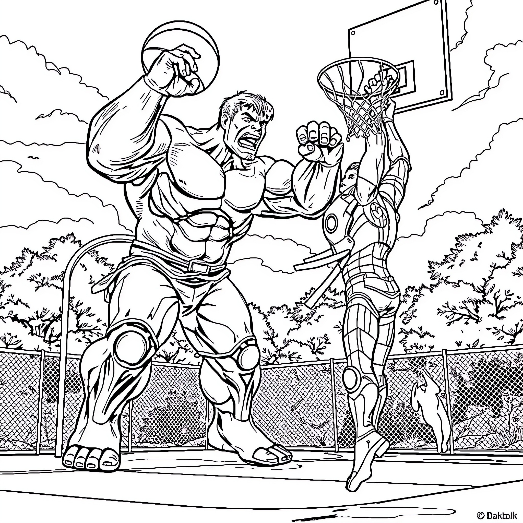 Hulk playing basketball on the court Coloring Page (free black-and-white line drawing printable PDF for all, from beginners to advanced learners, including children, teens, adults, and seniors)