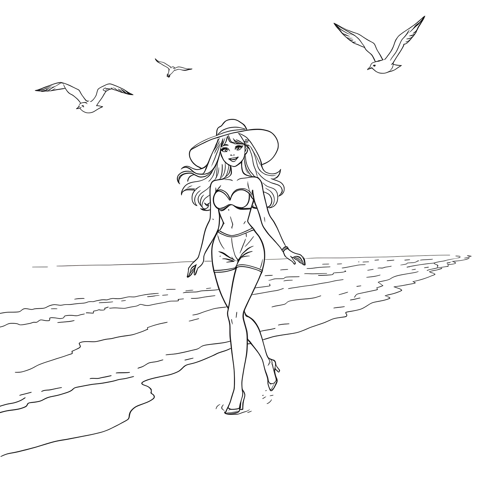 Barbie walking on the beach with seagulls Coloring Page (free black-and-white line drawing printable PDF for all, from beginners to advanced learners, including children, teens, adults, and seniors)
