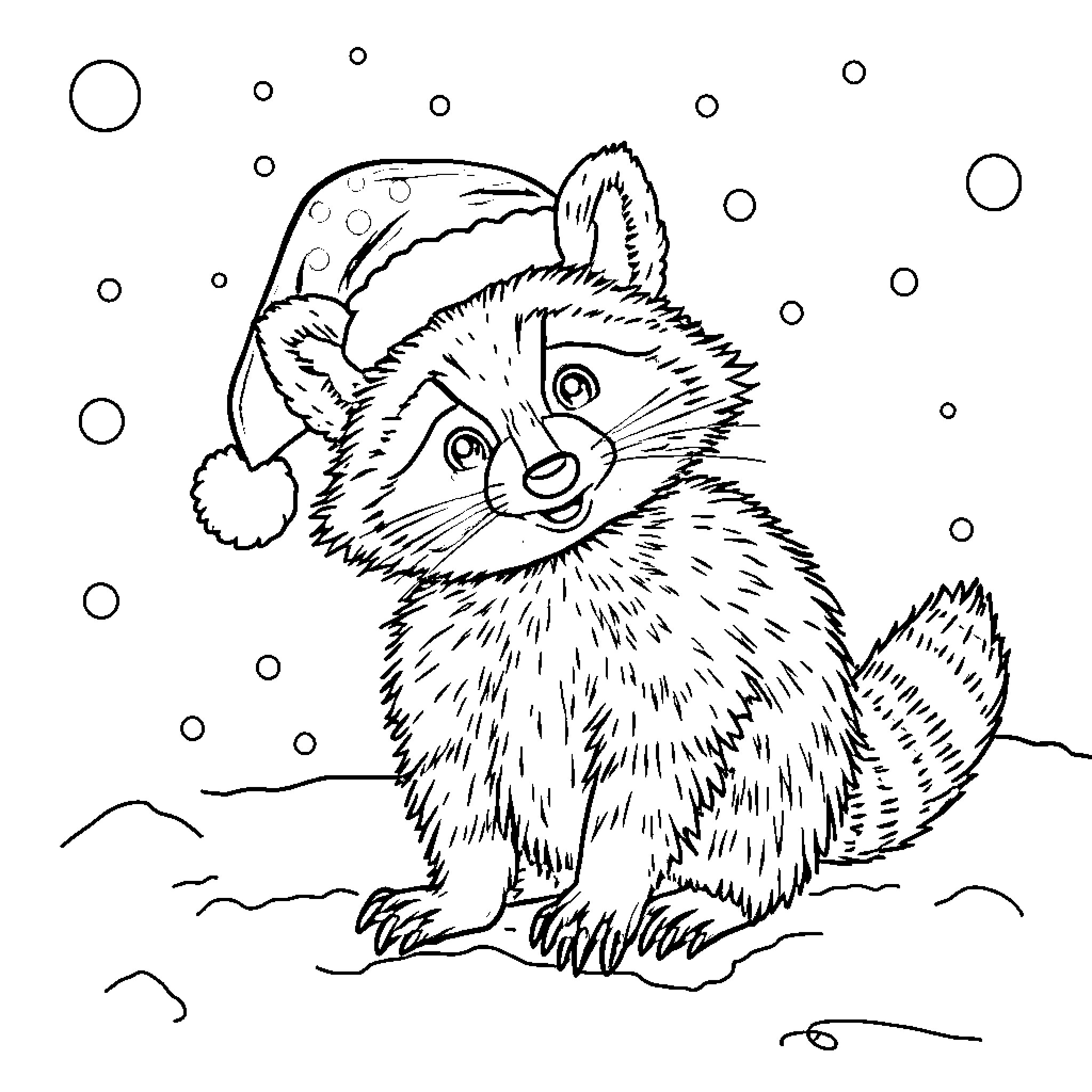 Raccoon wearing a Santa hat in the snow Coloring Page (free black-and-white line drawing printable PDF for all, from beginners to advanced learners, including children, teens, adults, and seniors)