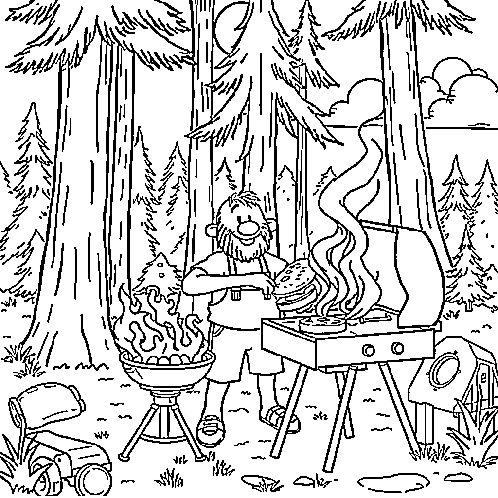 Arthur Camping and Cooking Outdoors in the Forest Coloring Page (free black-and-white line drawing printable PDF for all, from beginners to advanced learners, including children, teens, adults, and seniors)