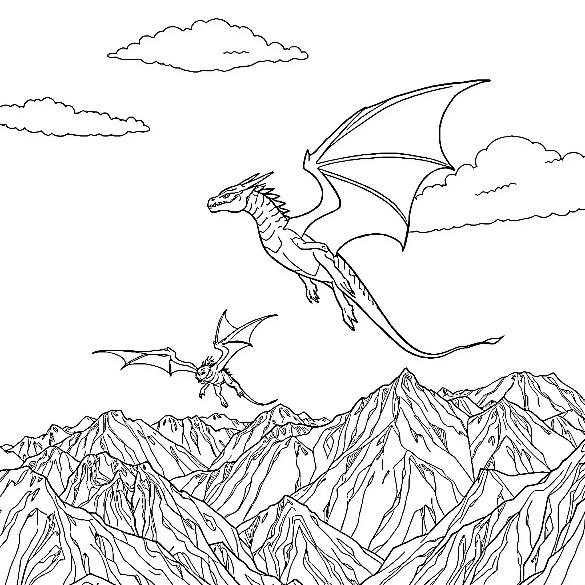 Dragons soaring over majestic mountain range Coloring Page (free black-and-white line drawing printable PDF for all, from beginners to advanced learners, including children, teens, adults, and seniors)